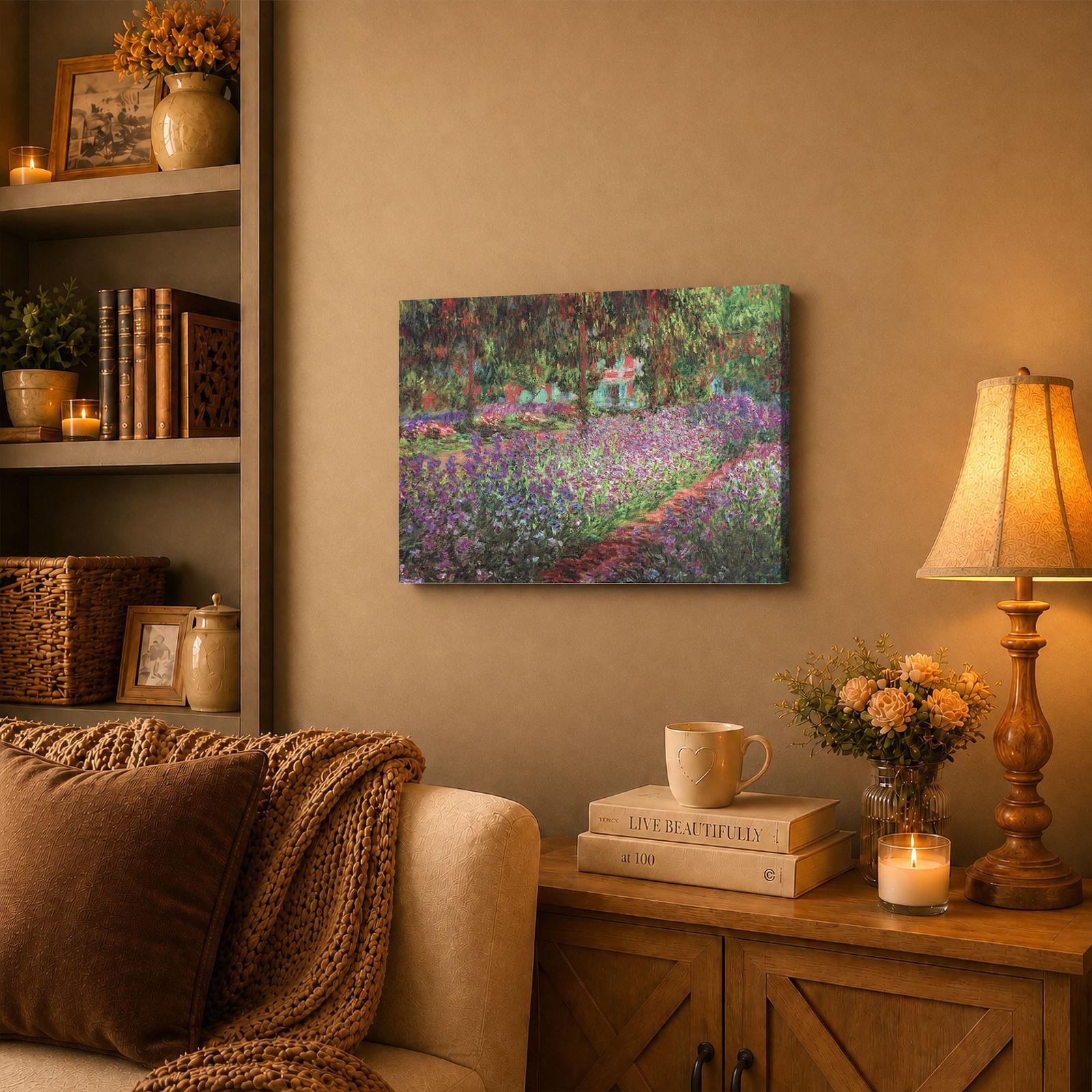 Irises in Monet's Garden canvas wall art displayed in a living room and sunroom