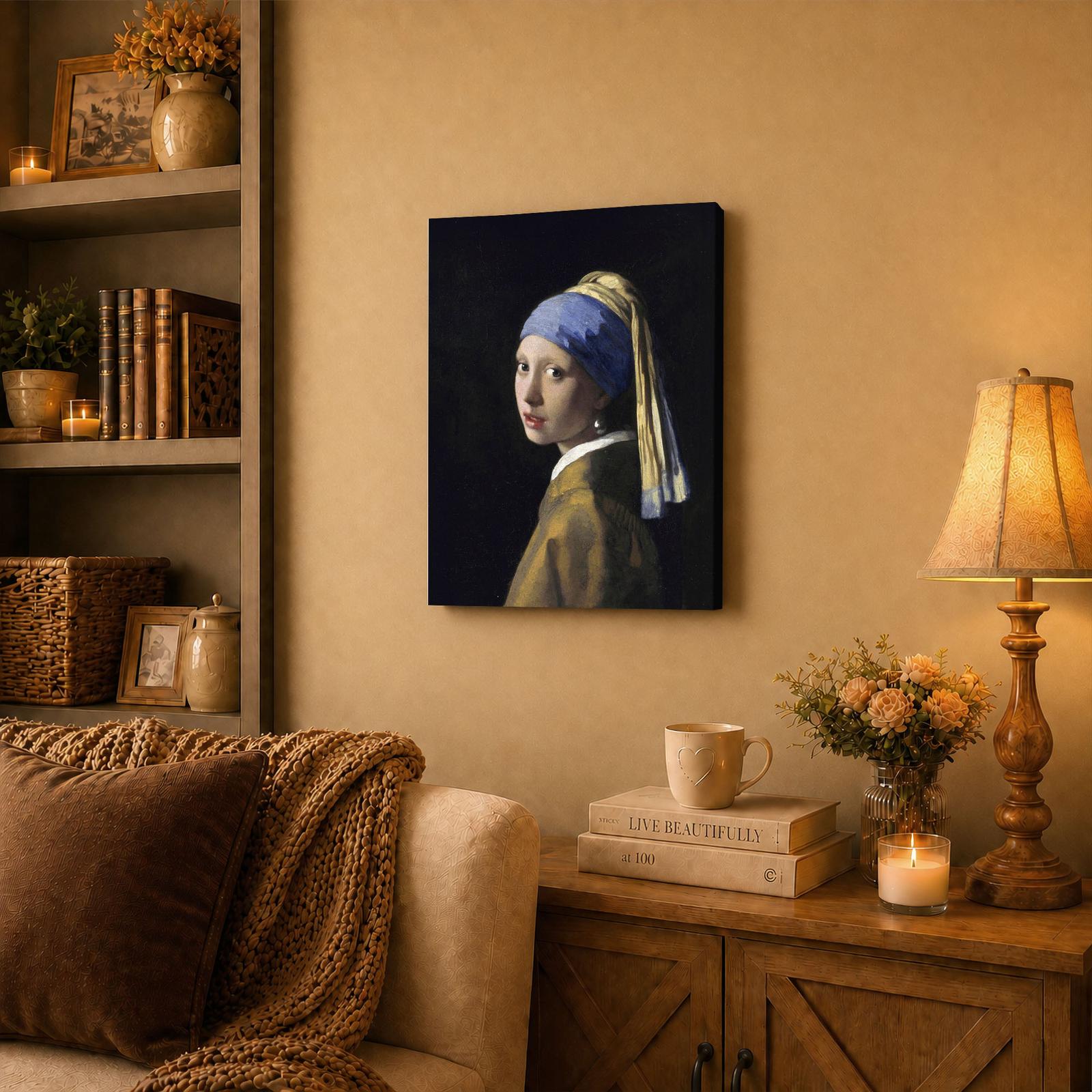 Girl with a Pearl Earring canvas wall art displayed in a bedroom
