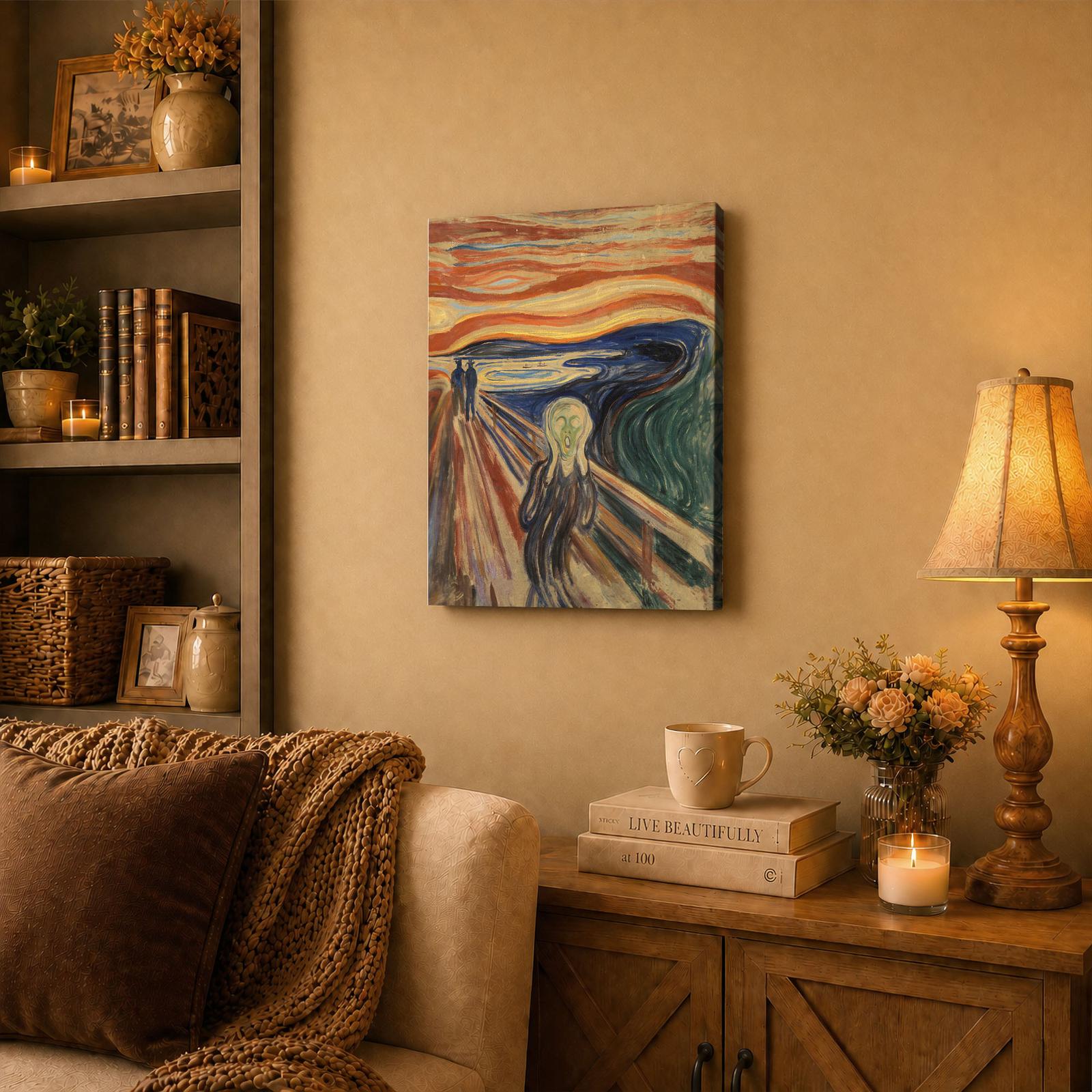 The Scream canvas wall art displayed in a living room