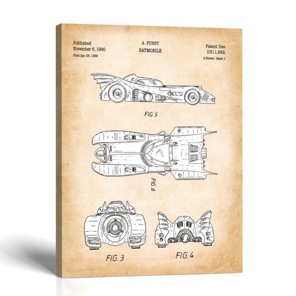 Batmobile patent canvas print - 1989 design sheet by Crossroads Home Decor