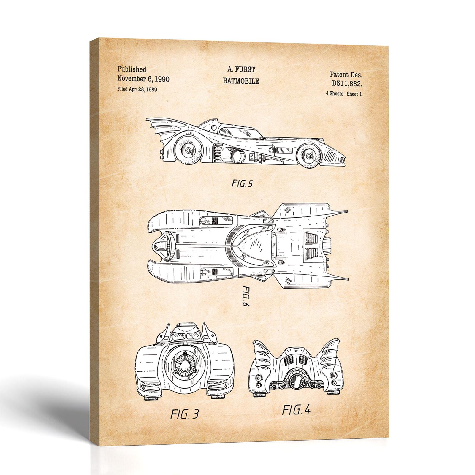 Batmobile patent canvas print - 1989 design sheet by Crossroads Home Decor
