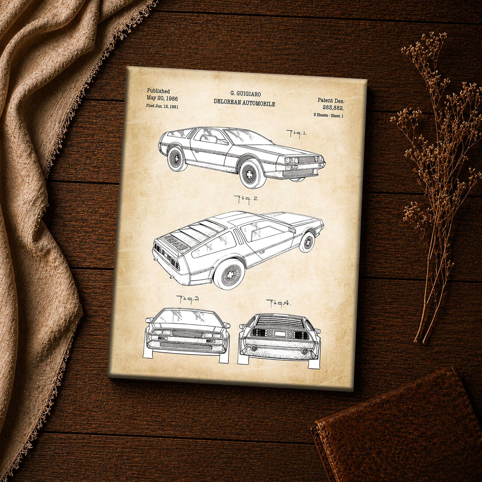 1986 DeLorean patent canvas print - vintage automobile blueprint wall art