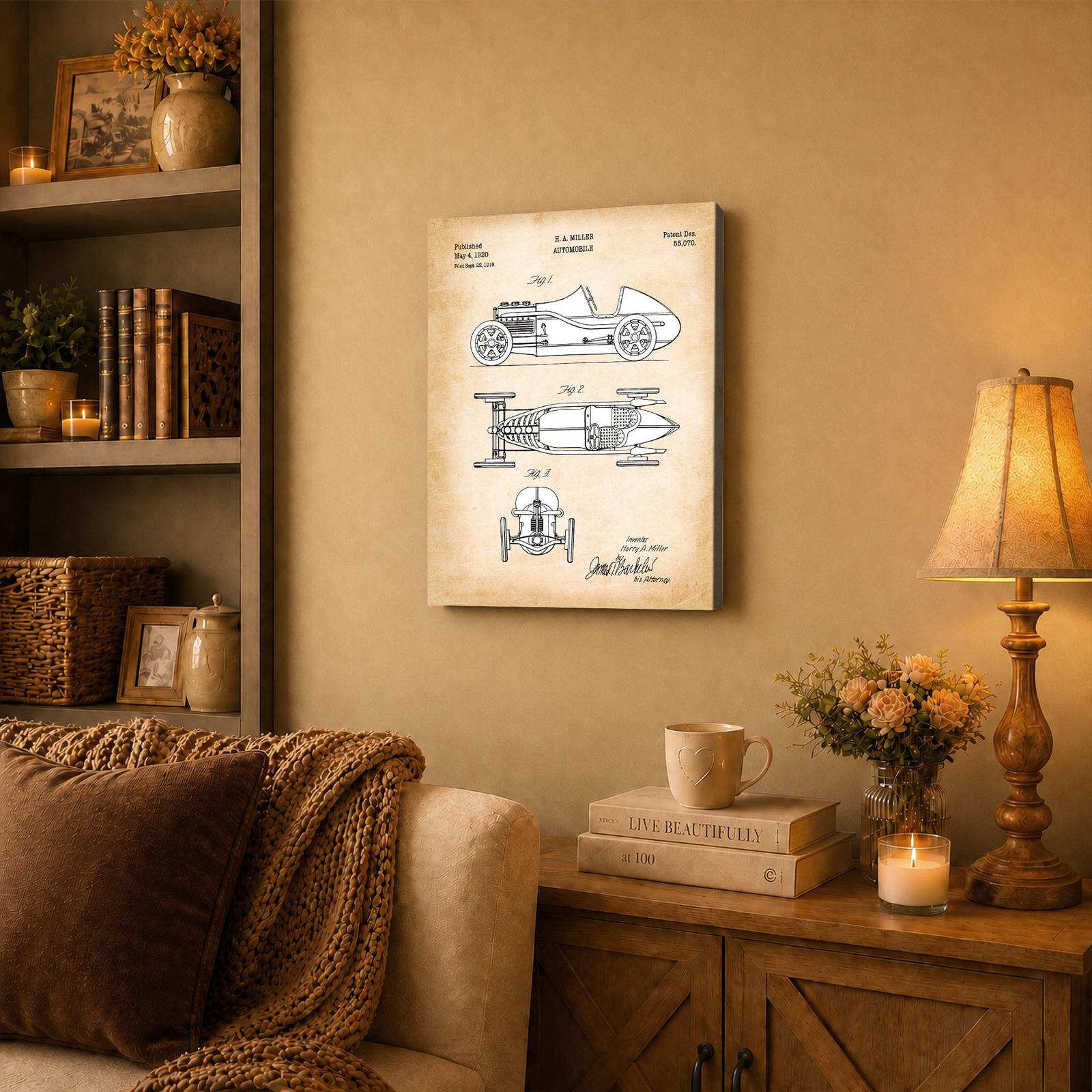 Harry Miller race car patent canvas wall art displayed in a home office