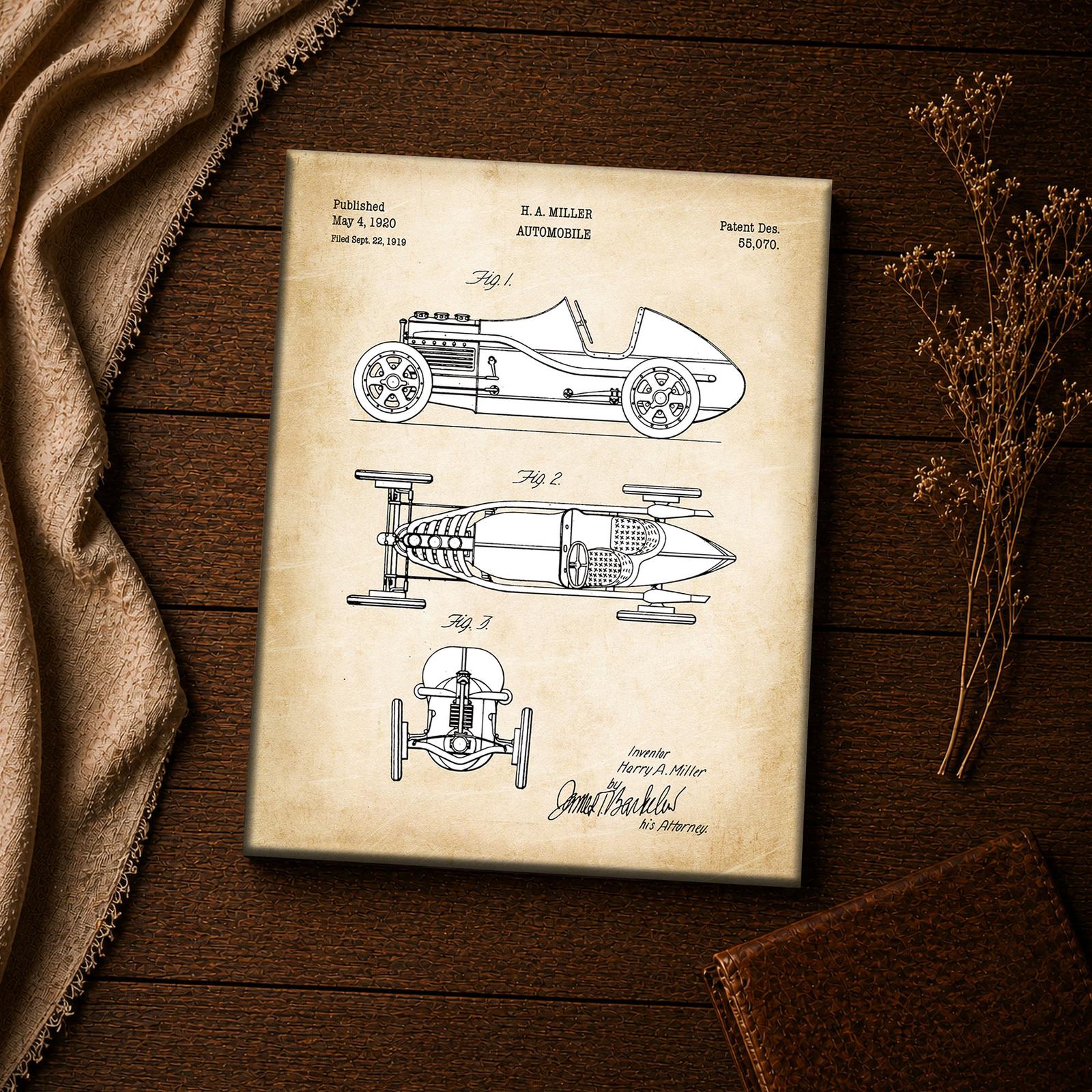 1920 Harry Miller race car patent canvas print - open wheel racer blueprint art