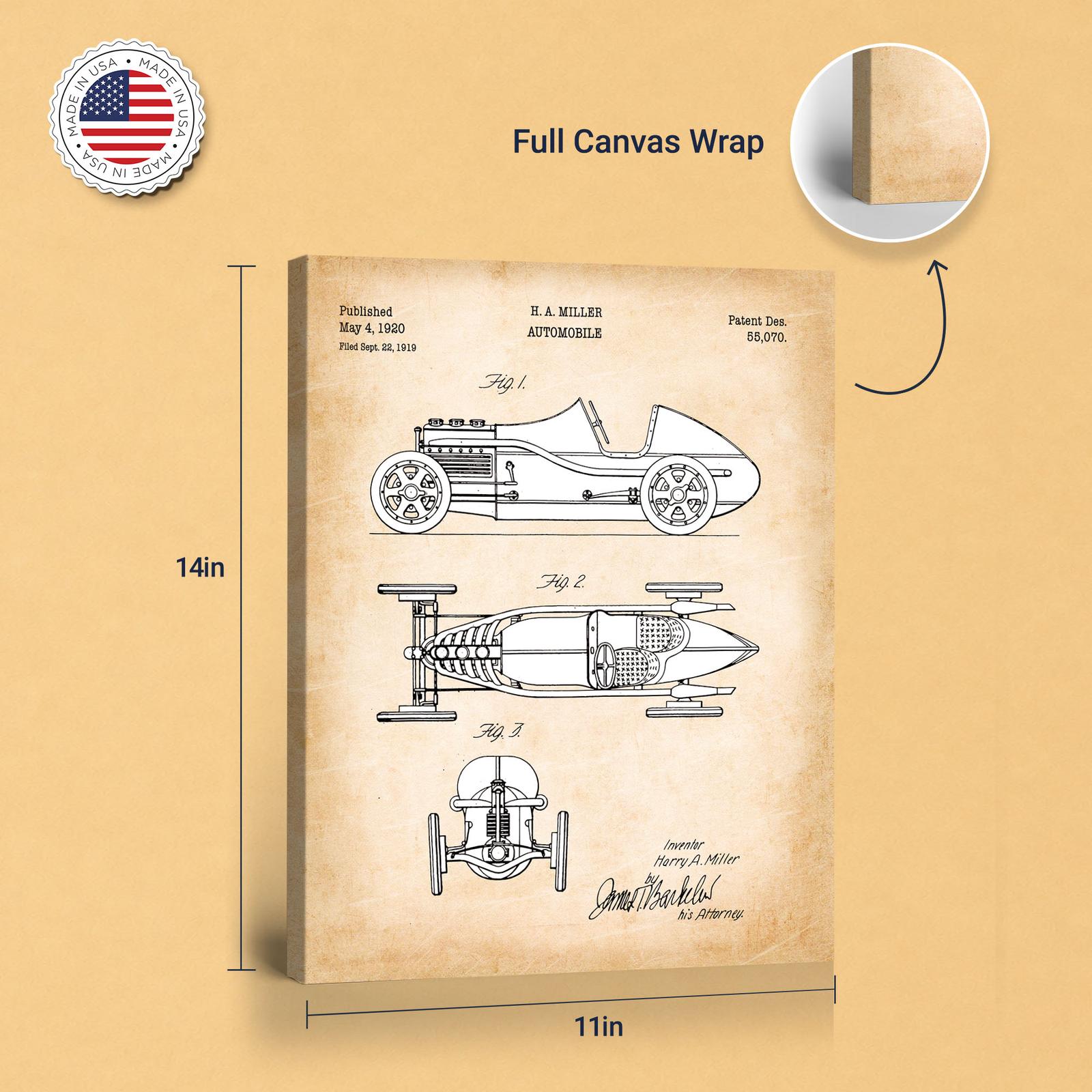 Harry Miller race car patent canvas - gallery wrapped canvas edge detail