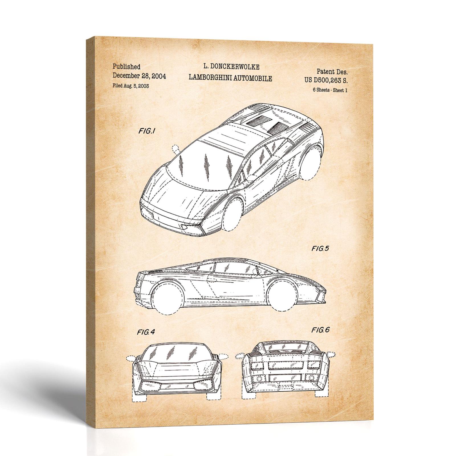 Lamborghini patent canvas print - 2004 sports car body drawing by Crossroads Home Decor