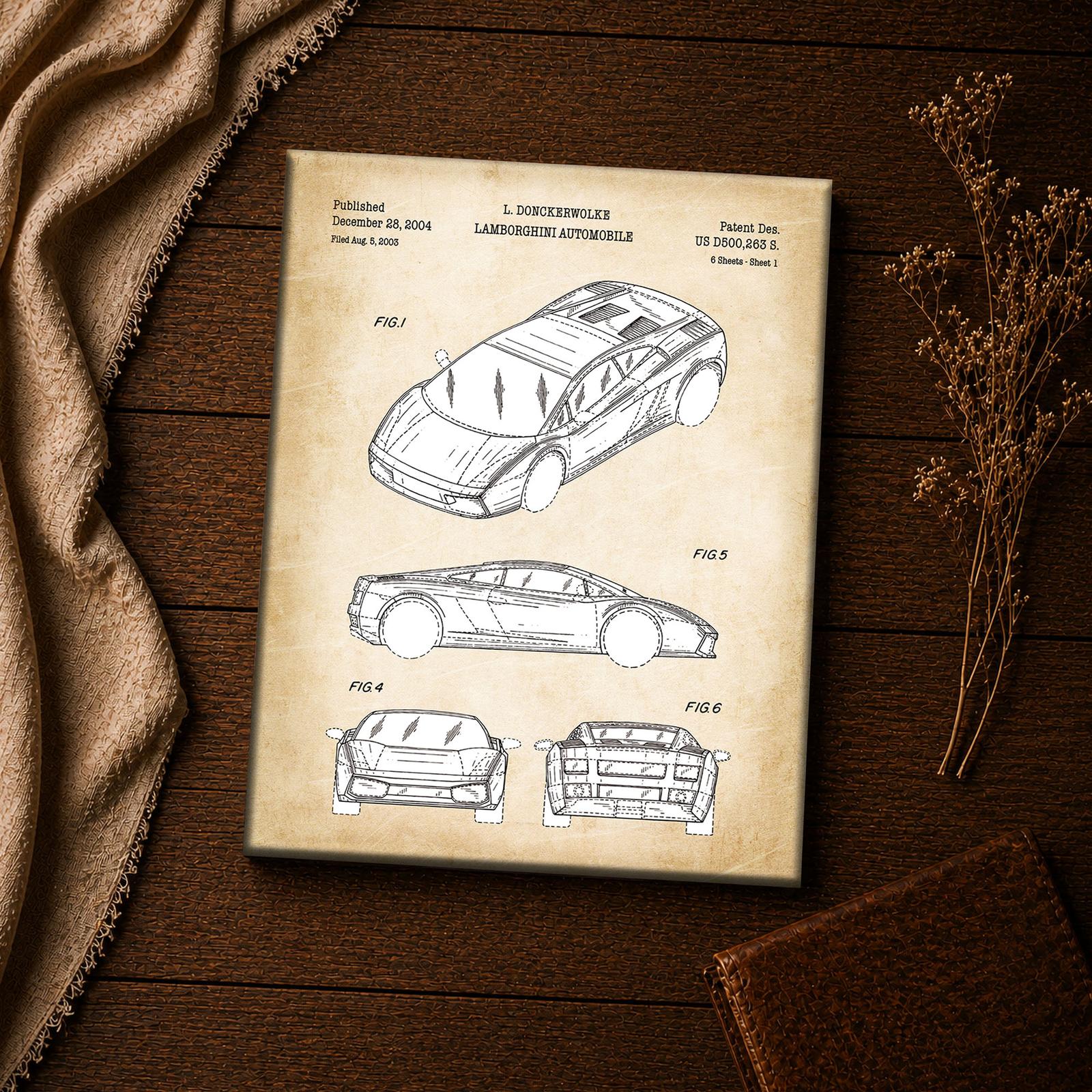Lamborghini patent print close-up - perspective, side, front and rear views of the coupe