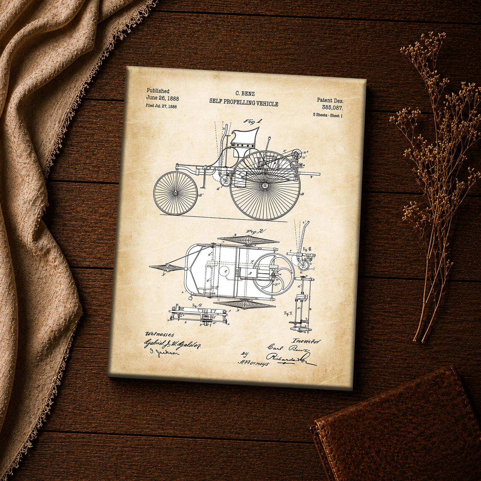 1888 antique car patent canvas print - vintage motorcar blueprint wall art