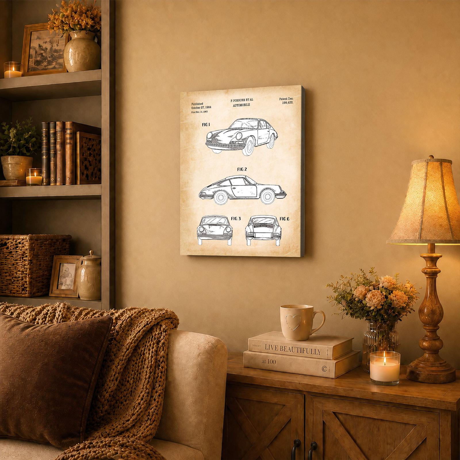 Porsche 911 patent canvas wall art displayed in a garage