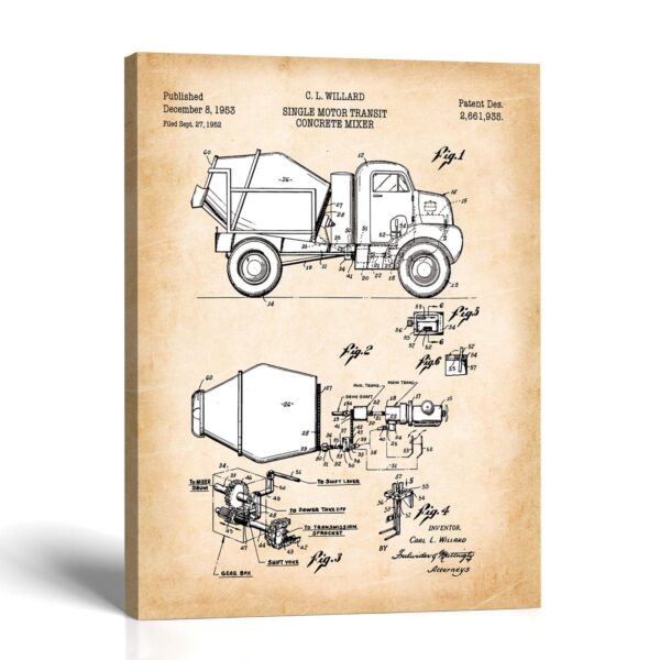 Cement mixer patent canvas print - vintage concrete truck art by Crossroads Home Decor