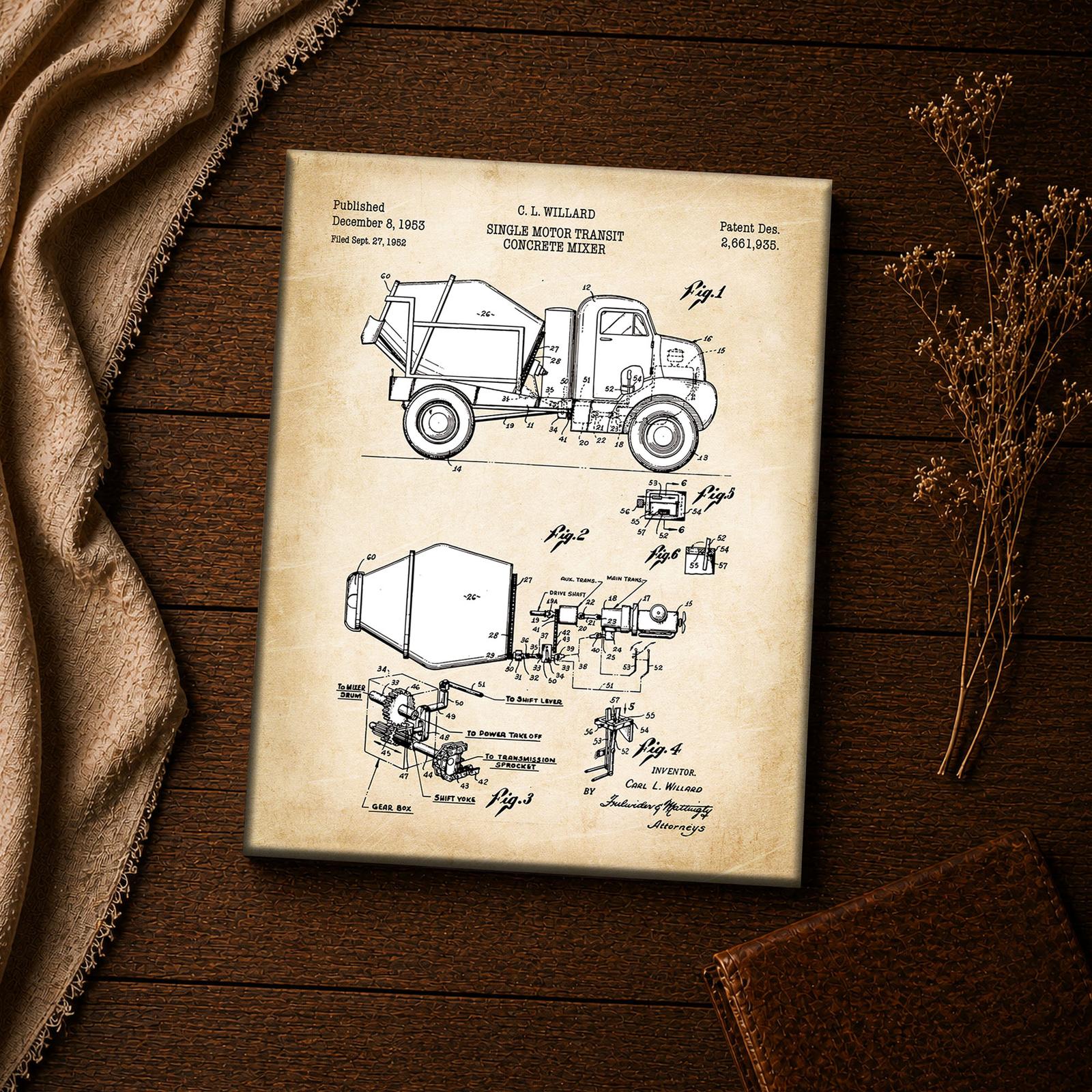 Cement mixer patent print - close-up of the labeled gearbox drawing