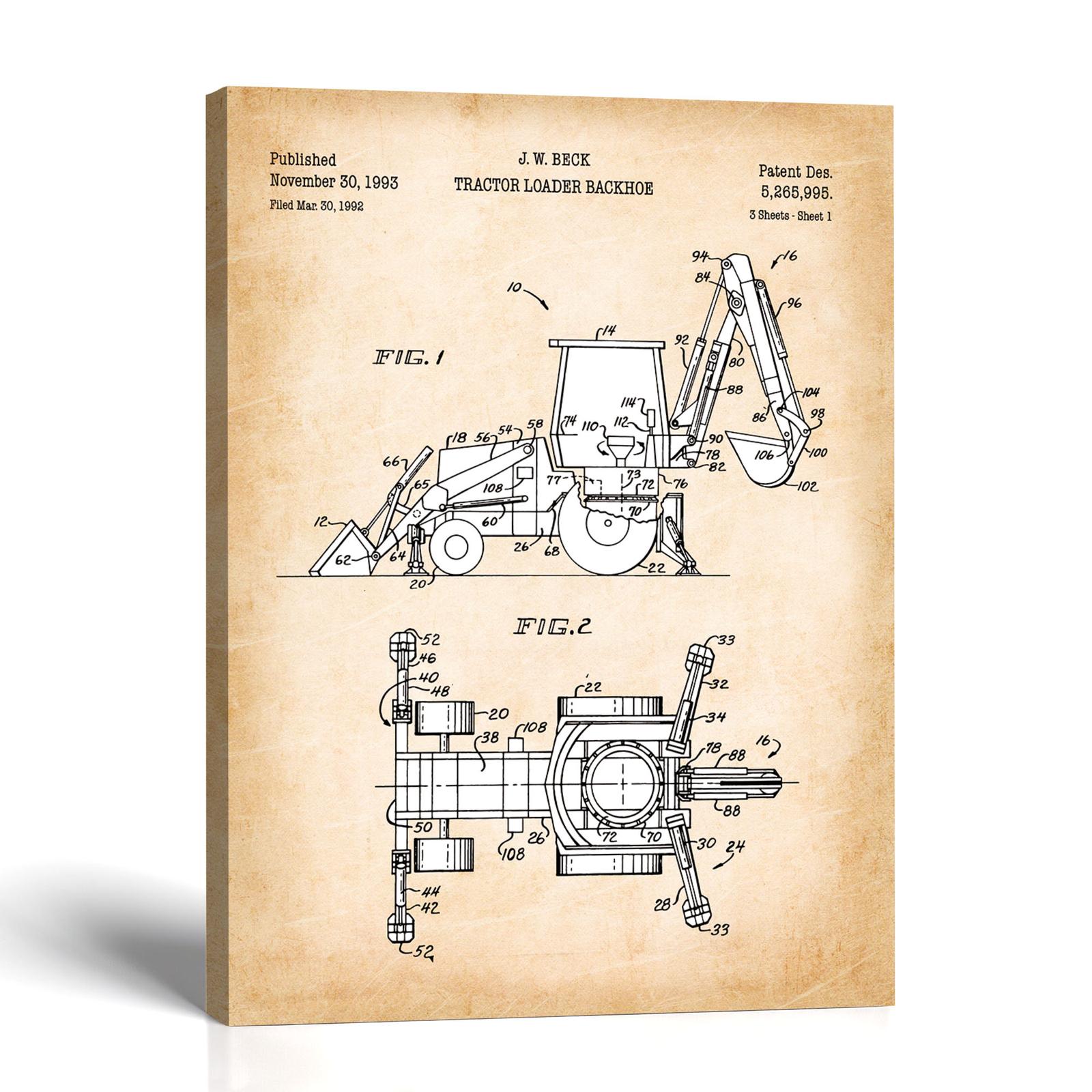 Backhoe loader patent canvas print - 1993 patent drawing by Crossroads Home Decor