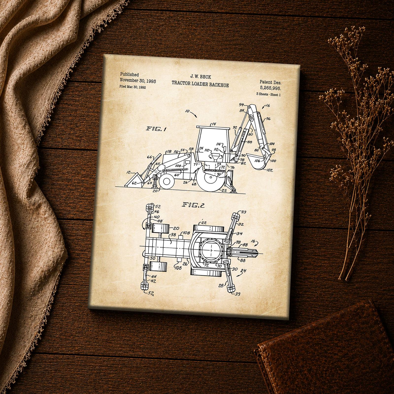 Backhoe patent print - close-up of the 1993 engineering drawing