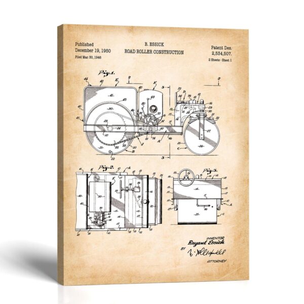 Road roller patent canvas print - 1950 construction equipment design by Crossroads Home Decor