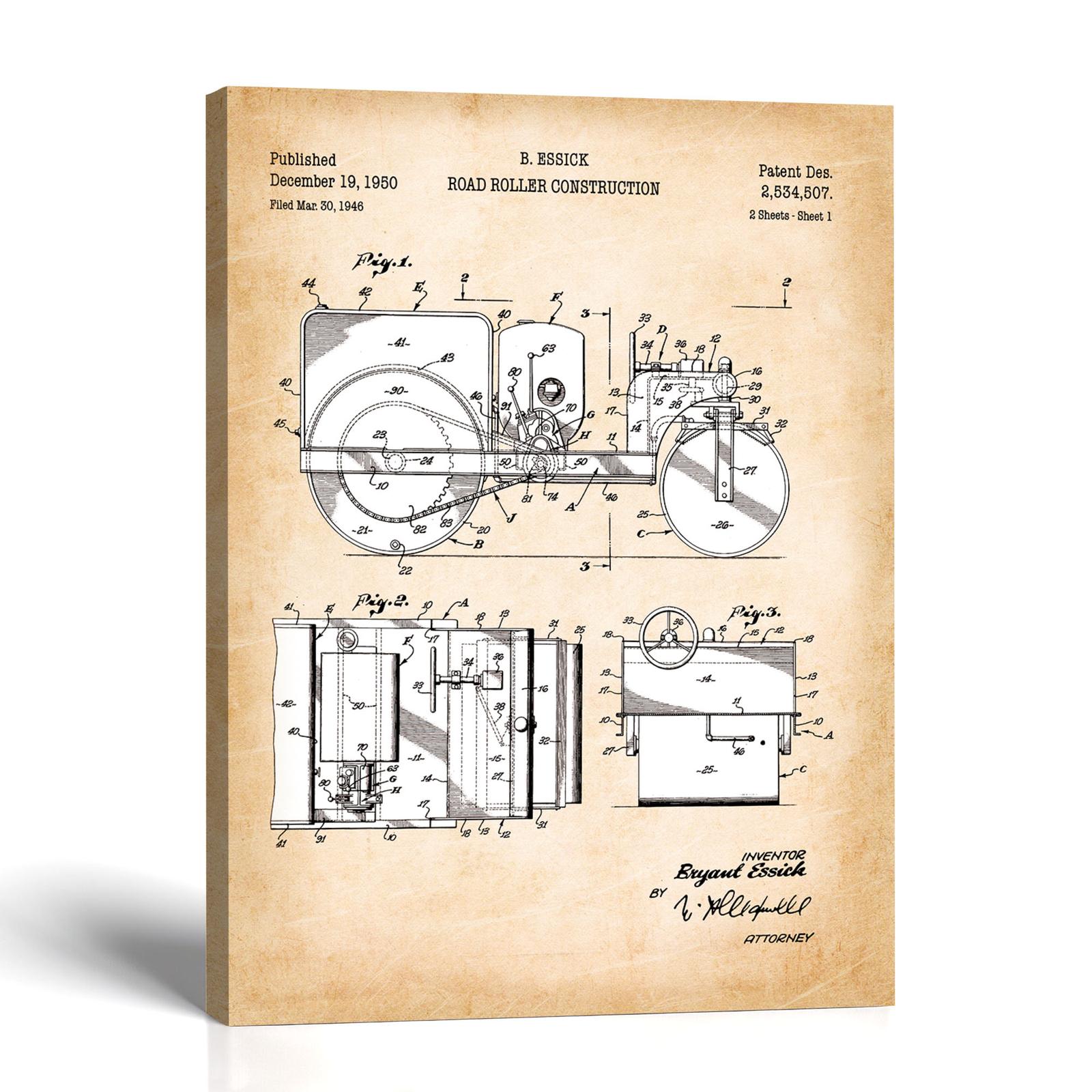 Road roller patent canvas print - 1950 construction equipment design by Crossroads Home Decor
