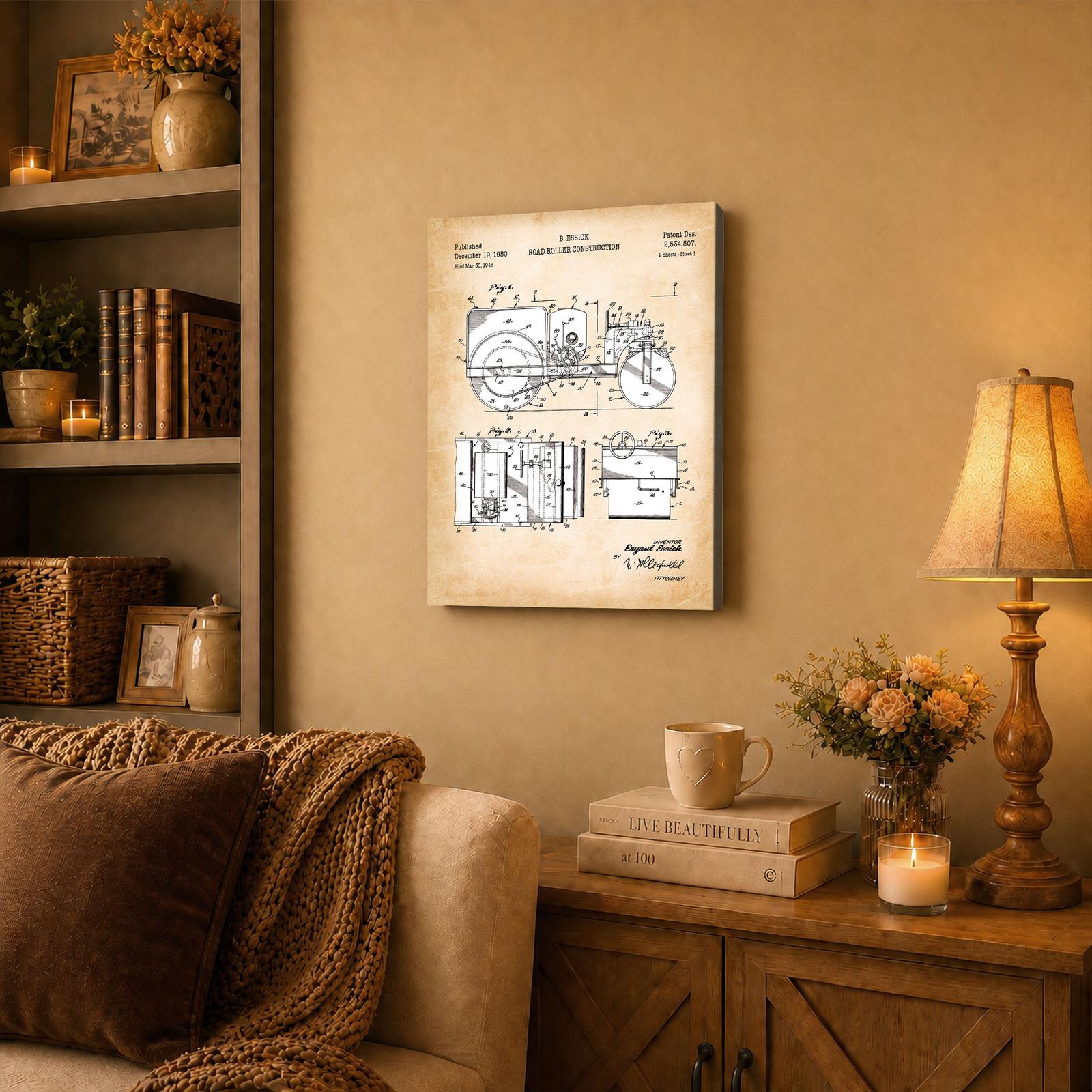 Vintage construction patent art displayed in a home workshop