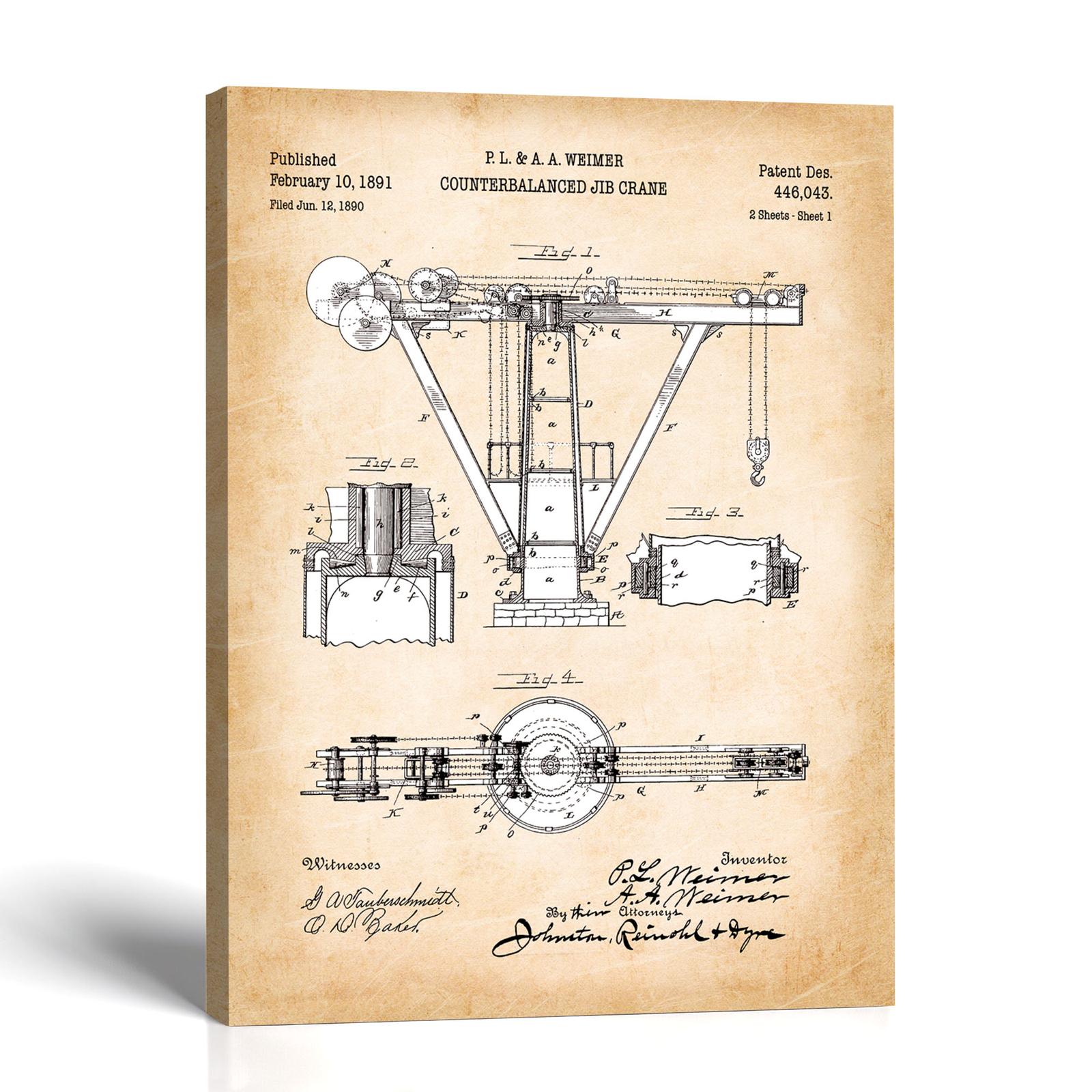Jib crane patent canvas print - 1891 patent drawing by Crossroads Home Decor