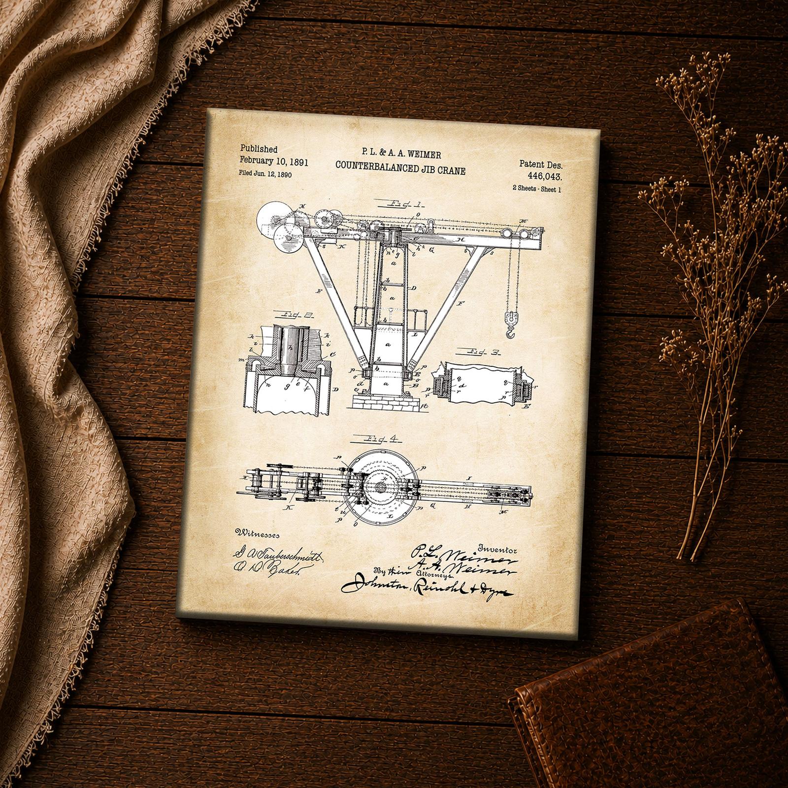 Jib crane patent print - close-up of the 1891 engineering drawing