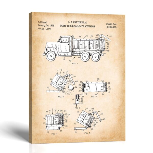 Dump truck patent canvas print - 1975 tailgate actuator design by Crossroads Home Decor