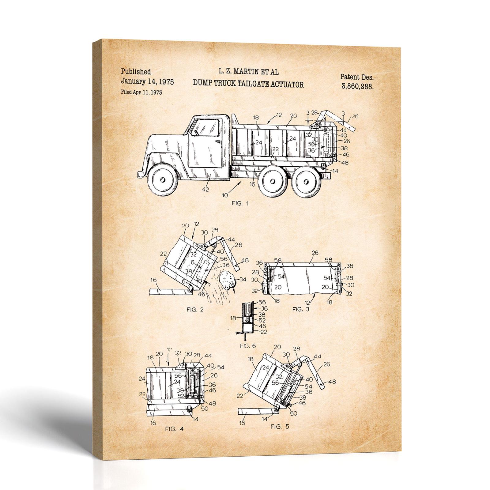 Dump truck patent canvas print - 1975 tailgate actuator design by Crossroads Home Decor