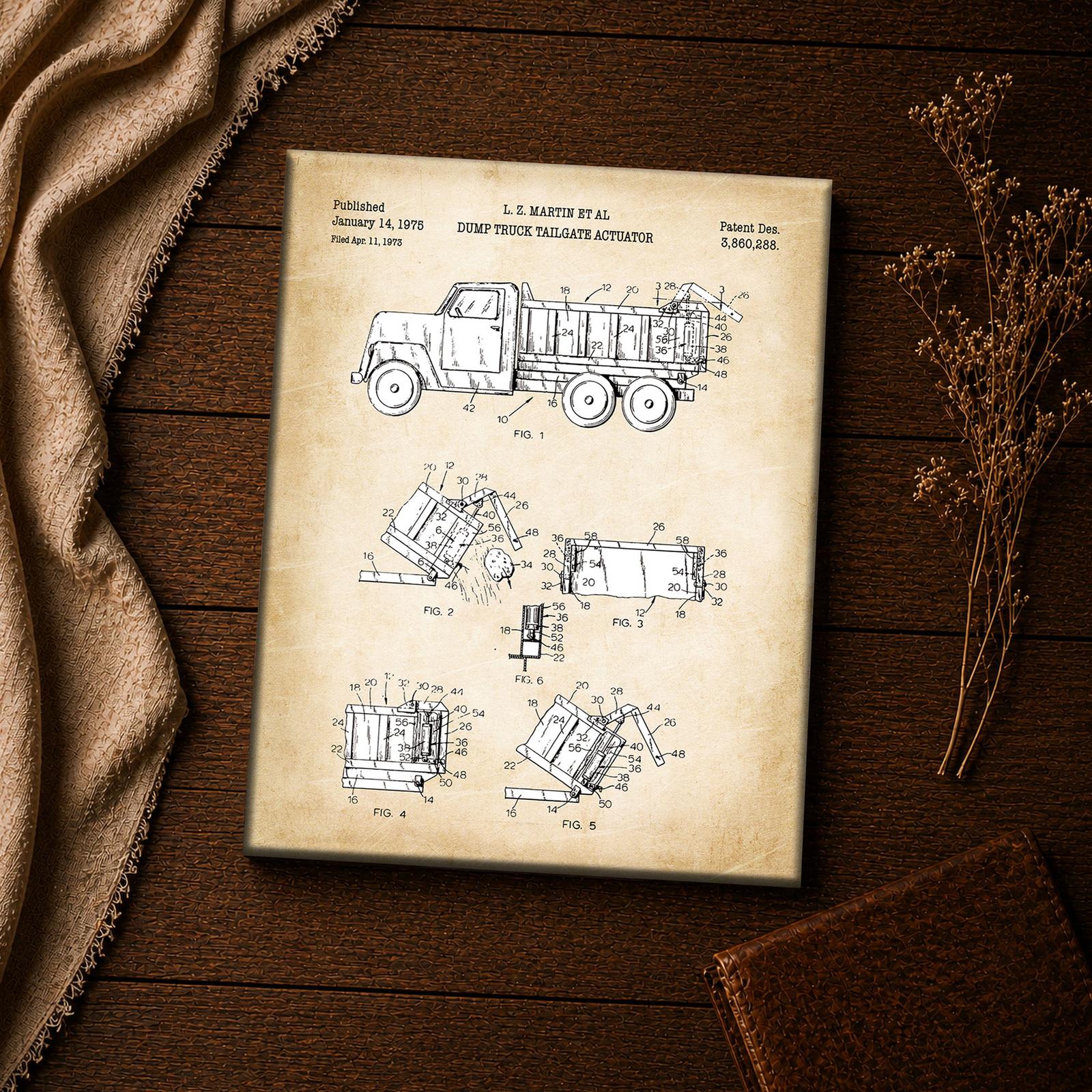 Close-up of the 1975 dump truck patent print - tailgate linkage and actuator cylinder