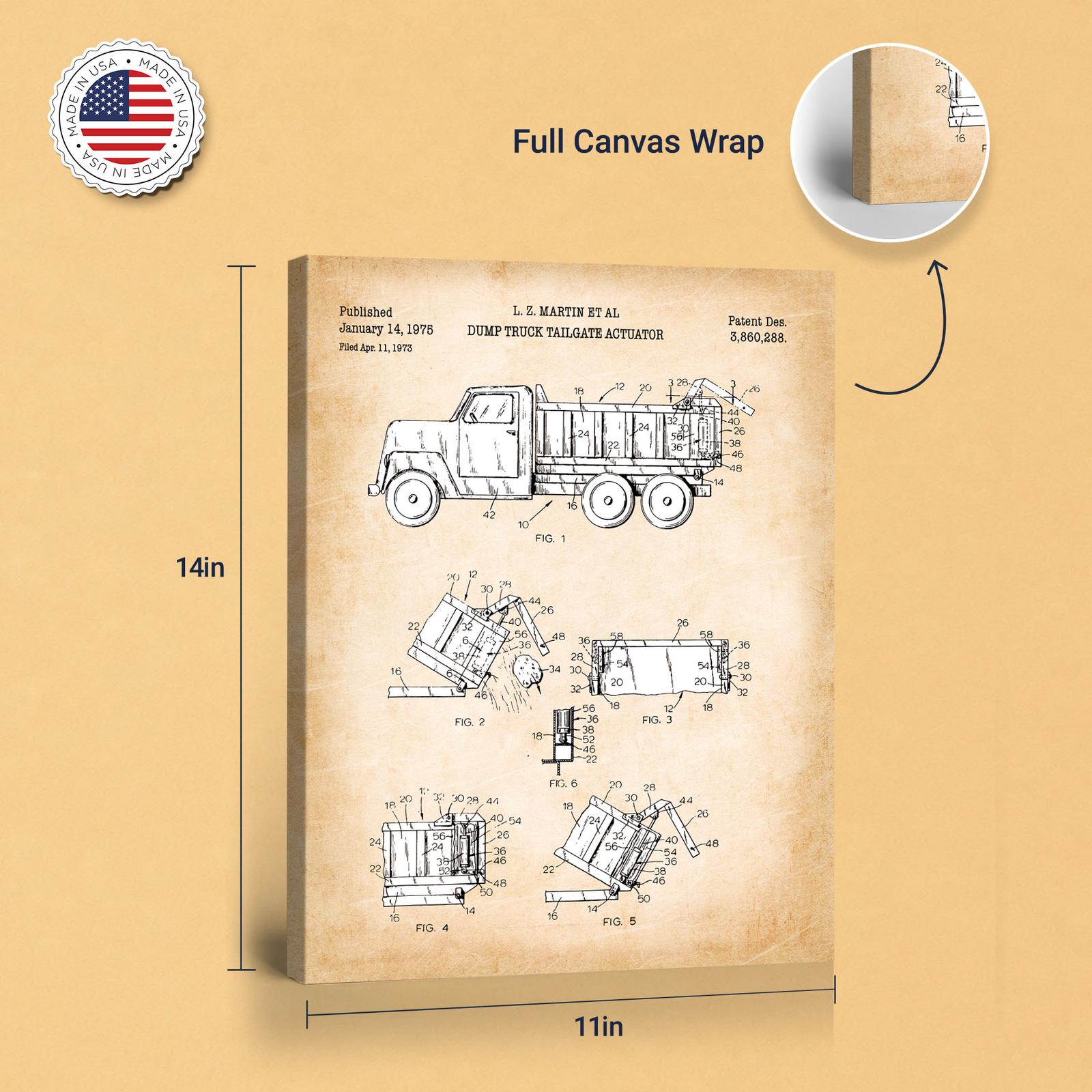Dump truck patent canvas print - gallery wrapped canvas edge detail
