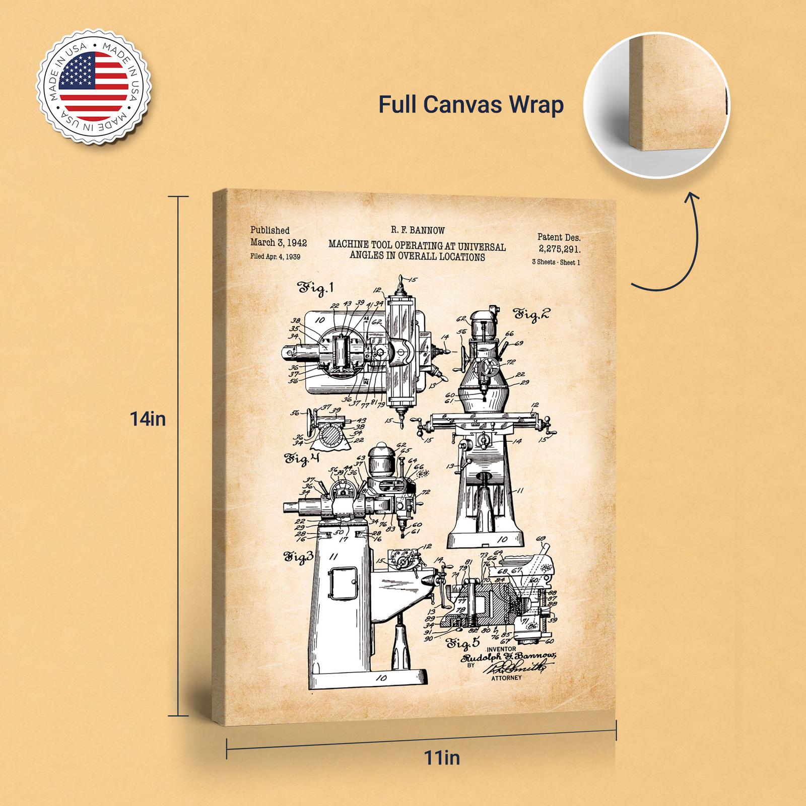 Milling machine patent art - gallery wrapped canvas edge detail