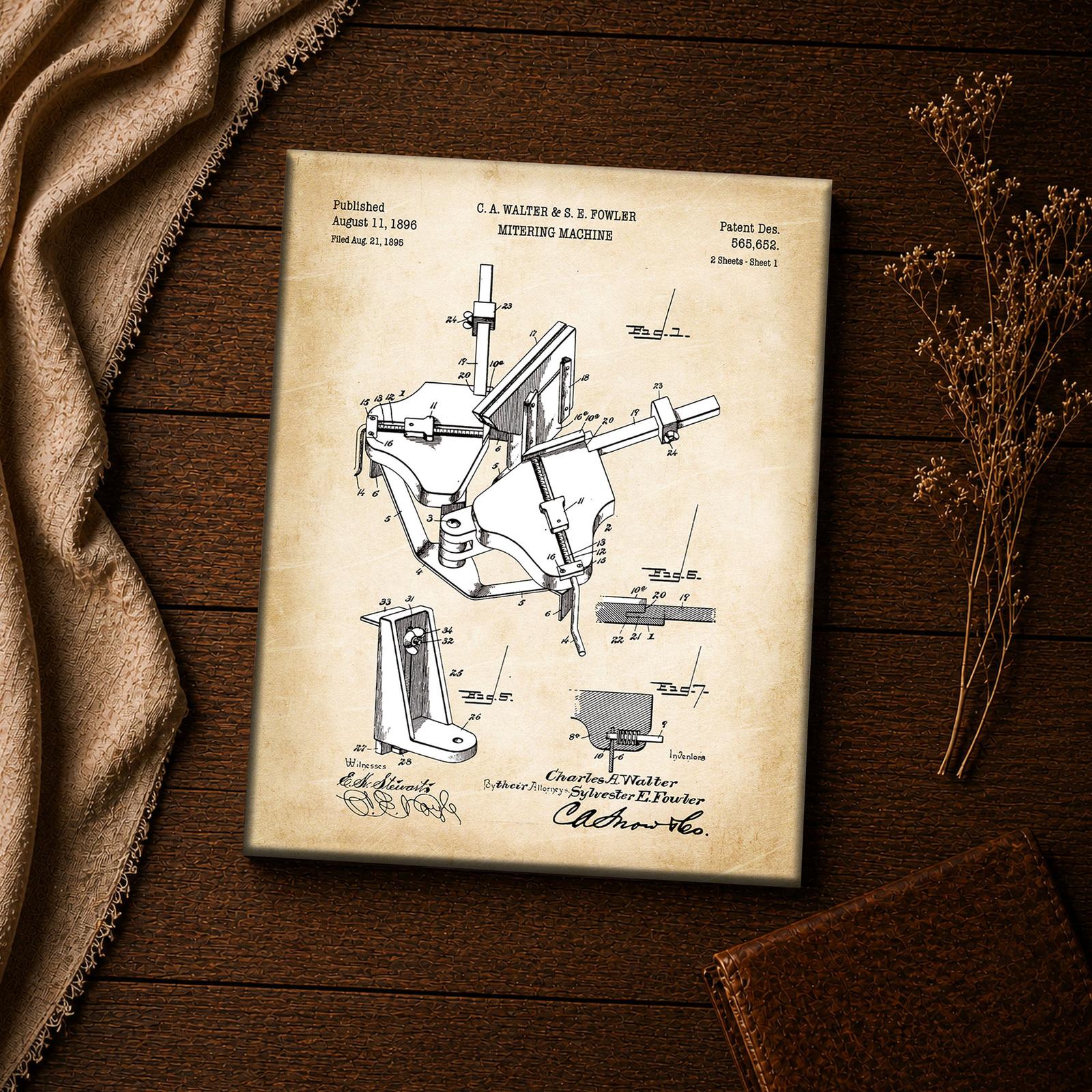 Antique woodworking tool print - corner-joining jig closeup