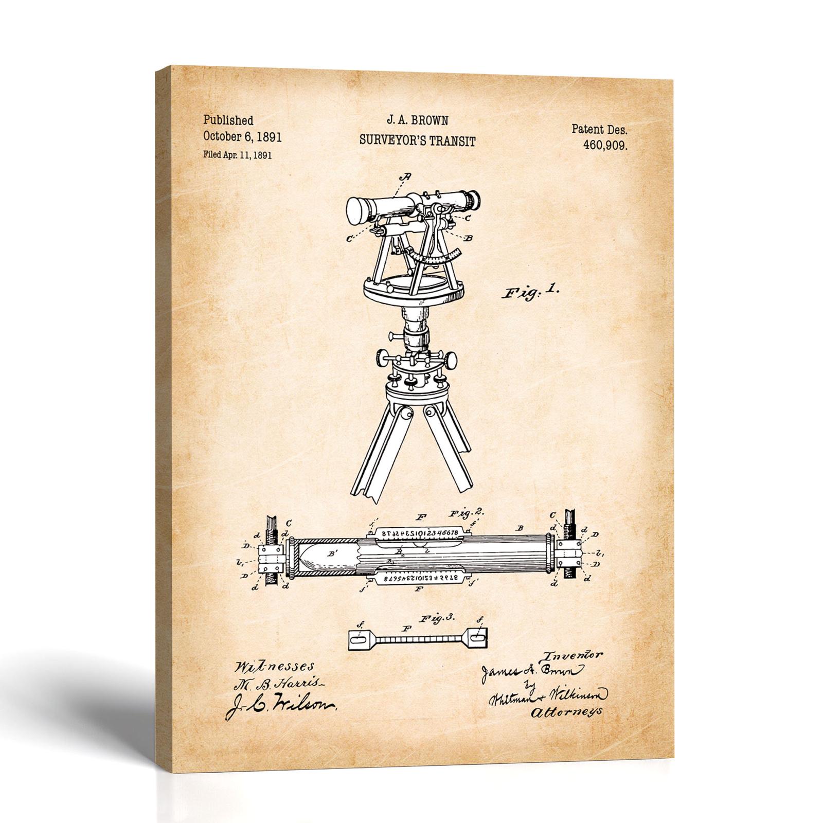 Surveyor transit patent canvas print - 1891 surveying instrument patent print by Crossroads Home Decor