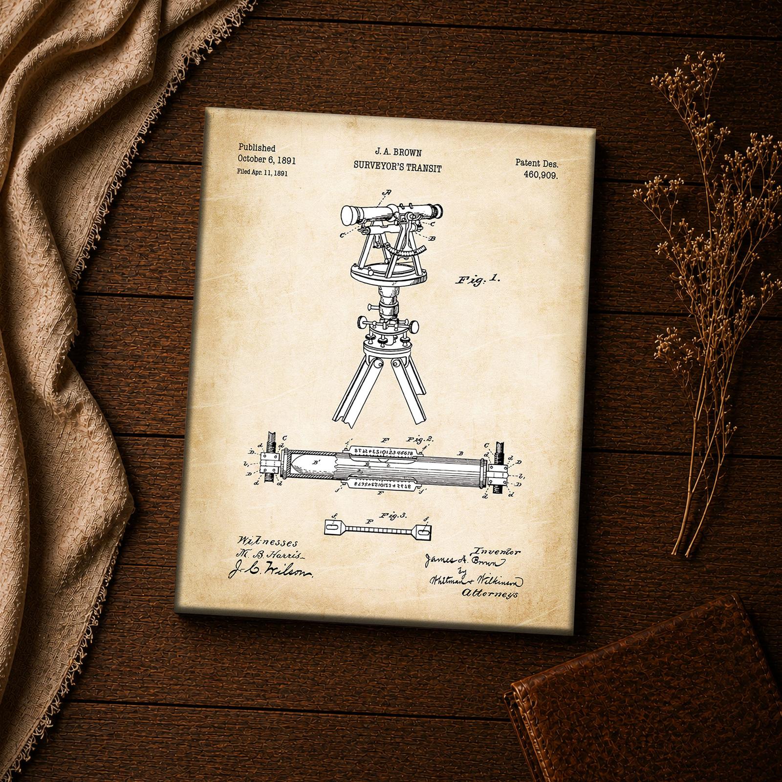 1891 surveyor transit patent print - vintage engineering inspirational wall art