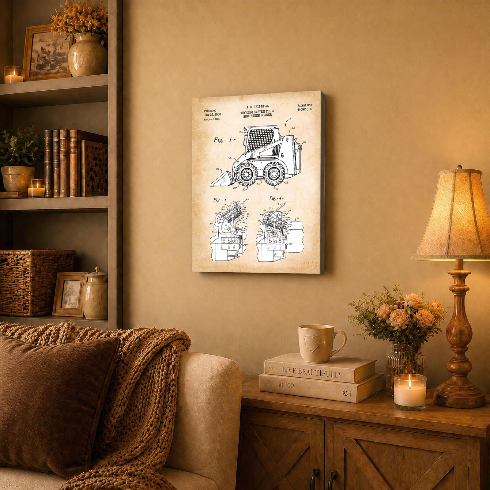 C2532C-3-11x14-1 Skid steer patent canvas wall art displayed in a garage or workshop