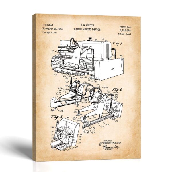 Bulldozer patent canvas print - 1938 patent drawing by Crossroads Home Decor