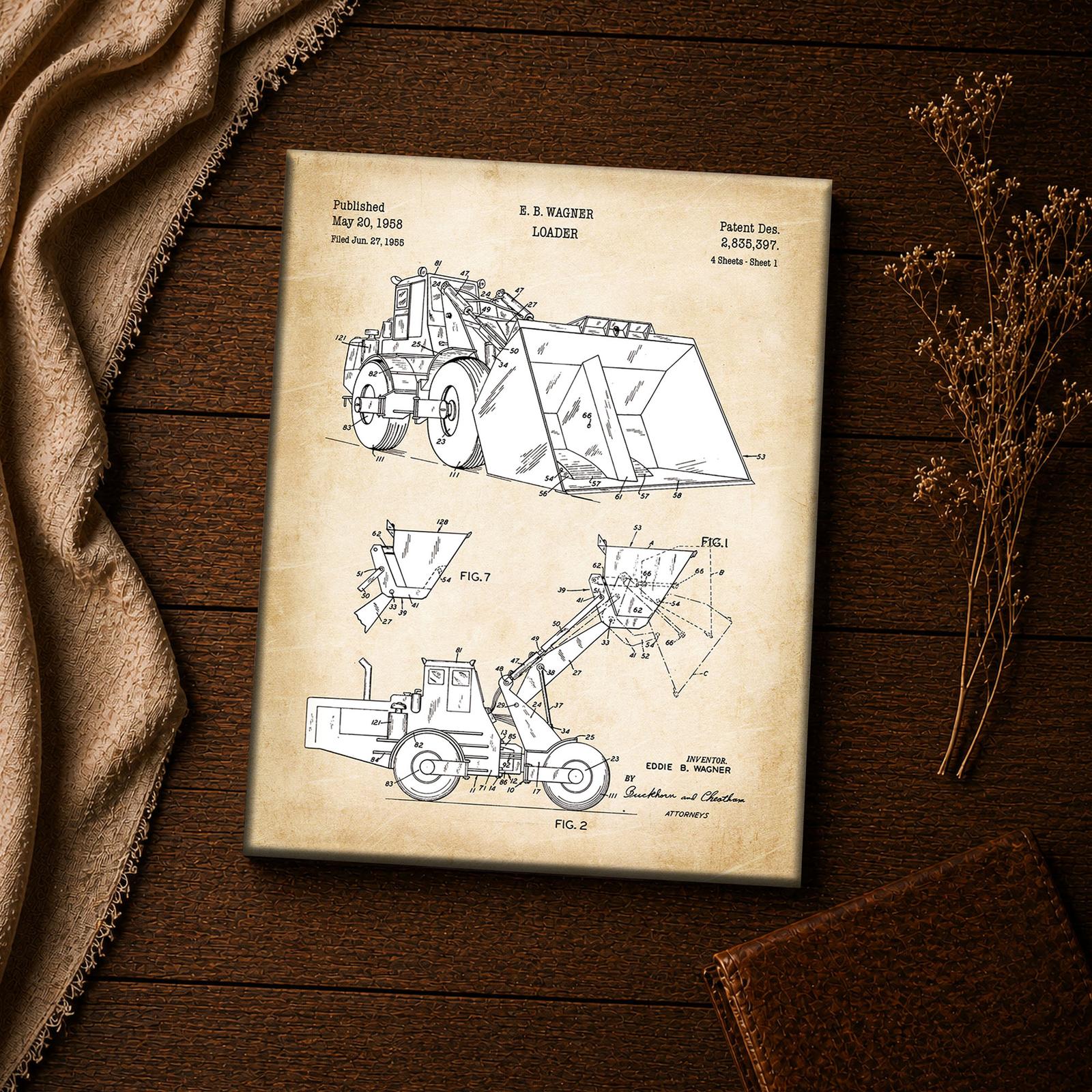 Loader patent print - close-up of the 1958 engineering drawing