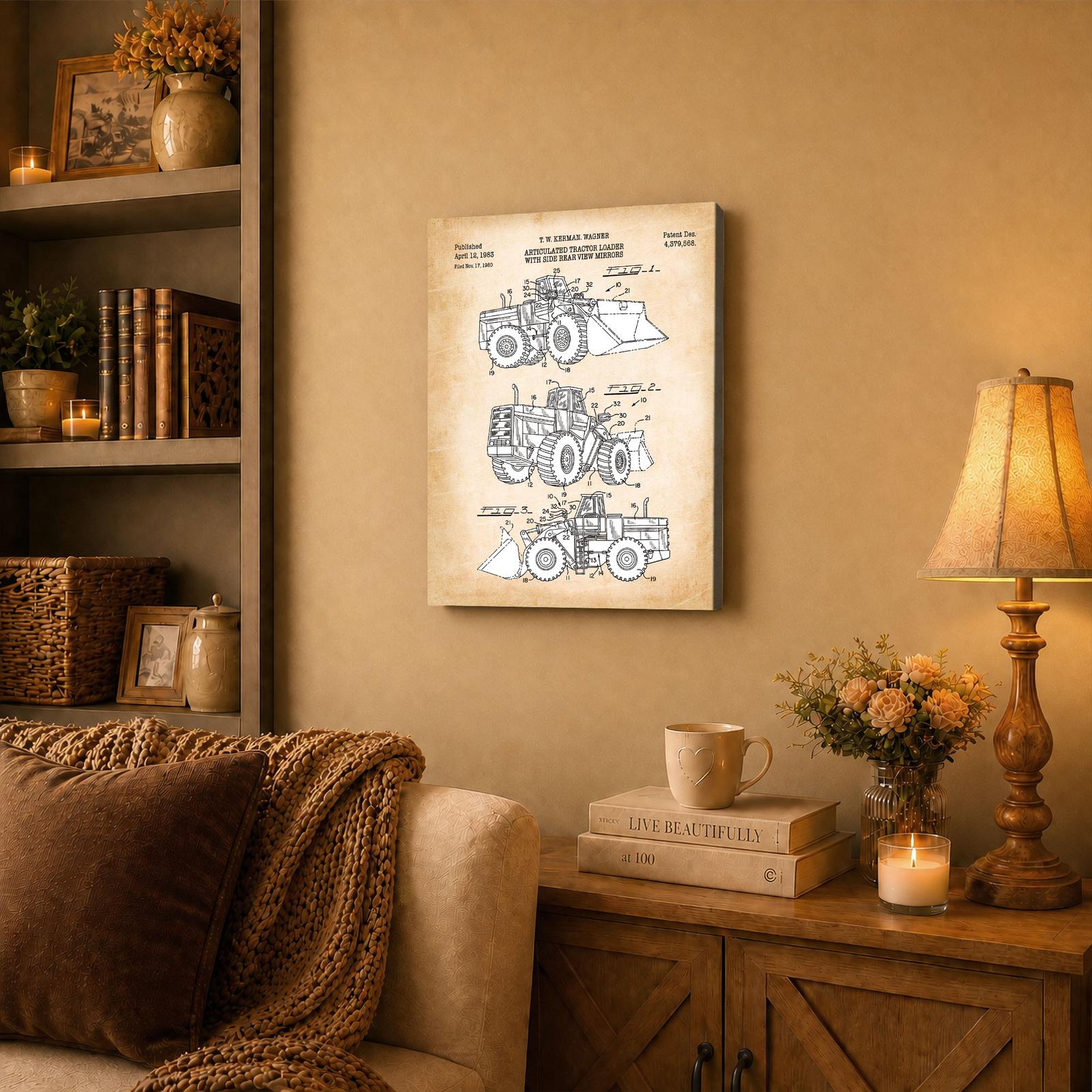 C2535C-3-11x14-1 Front end loader patent canvas wall art displayed in a garage or workshop