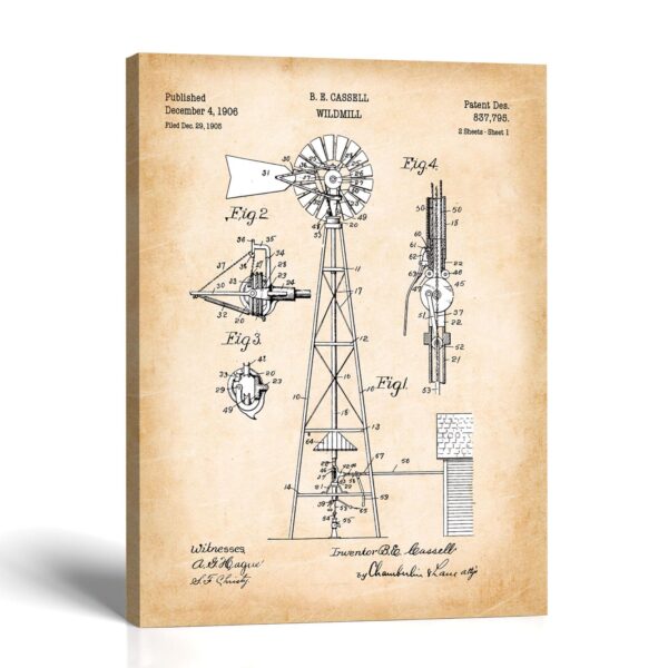 Windmill patent canvas print - vintage farmhouse wall art by Crossroads Home Decor