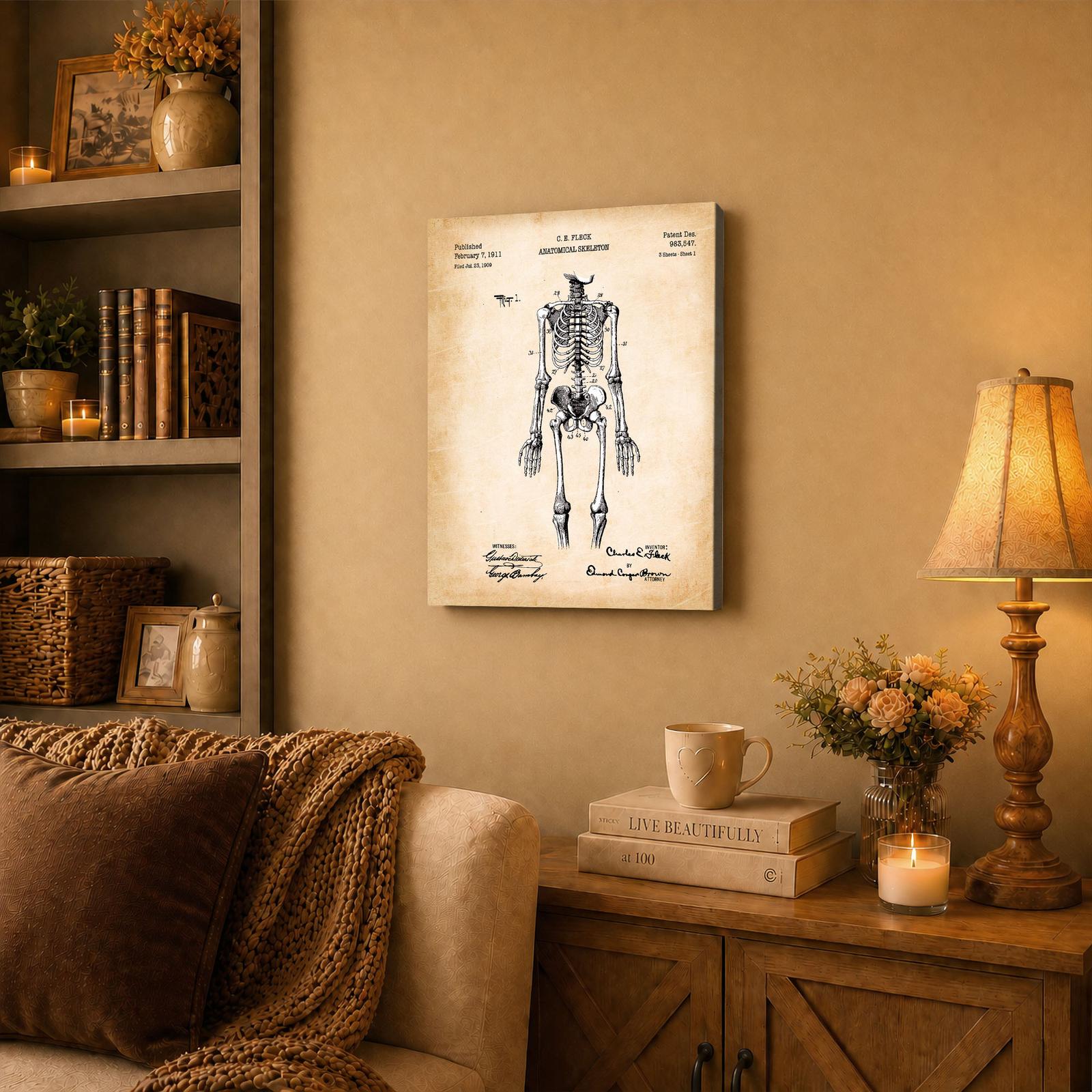 Anatomical skeleton patent canvas wall art displayed in a home study