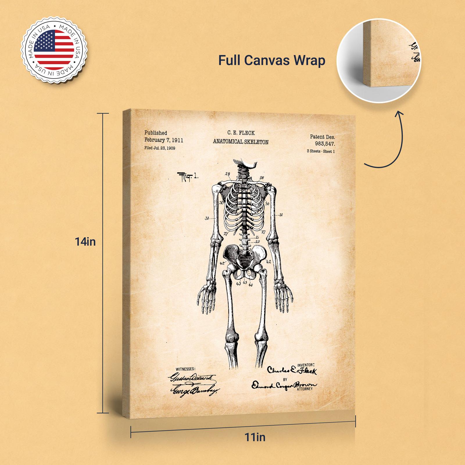 Anatomical skeleton patent print - gallery wrapped canvas edge detail