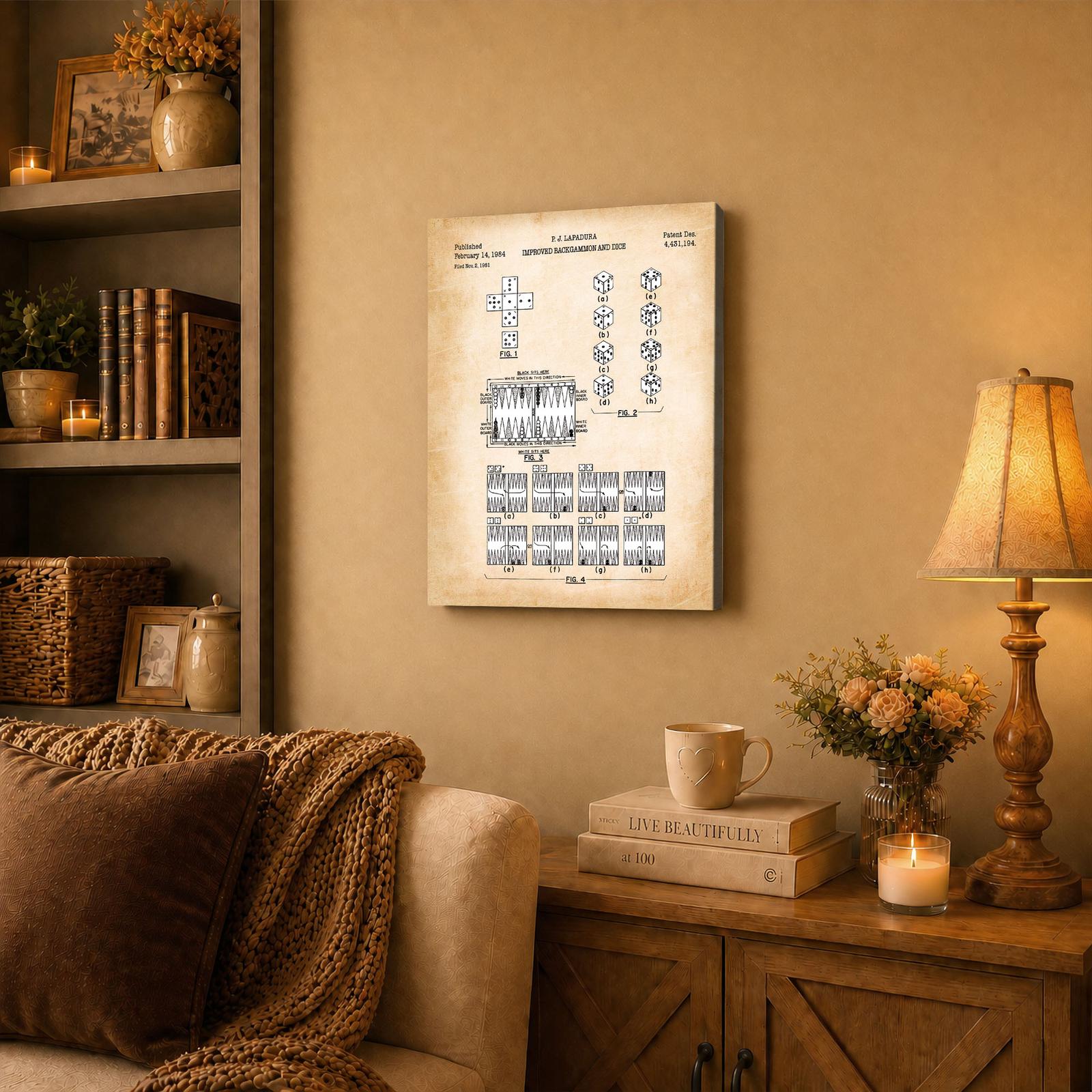 Backgammon patent canvas wall art displayed in a game room