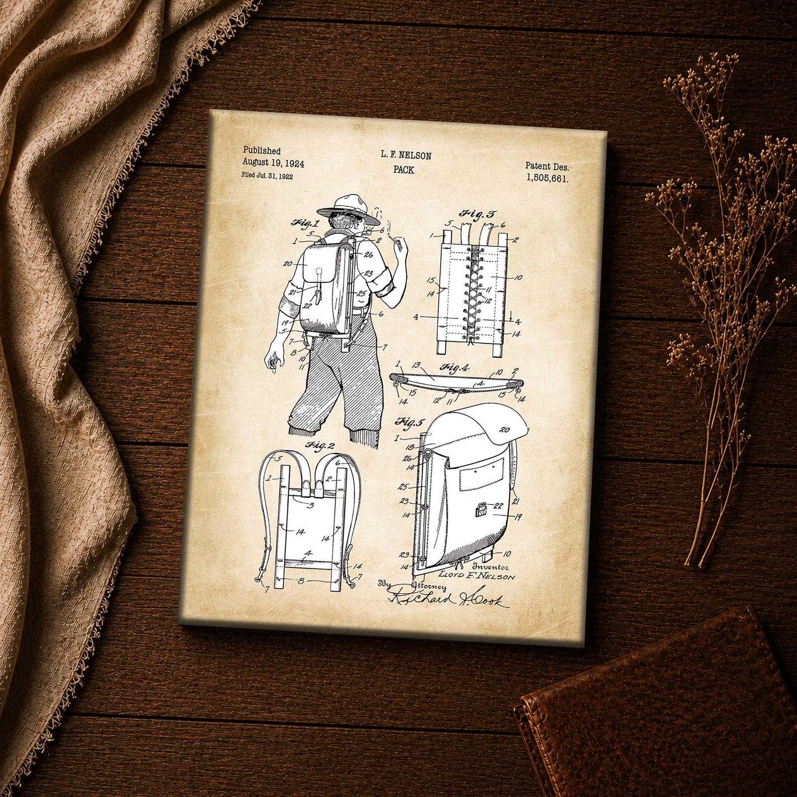 Hiking backpack patent print - close-up of the 1922 pack board drawing