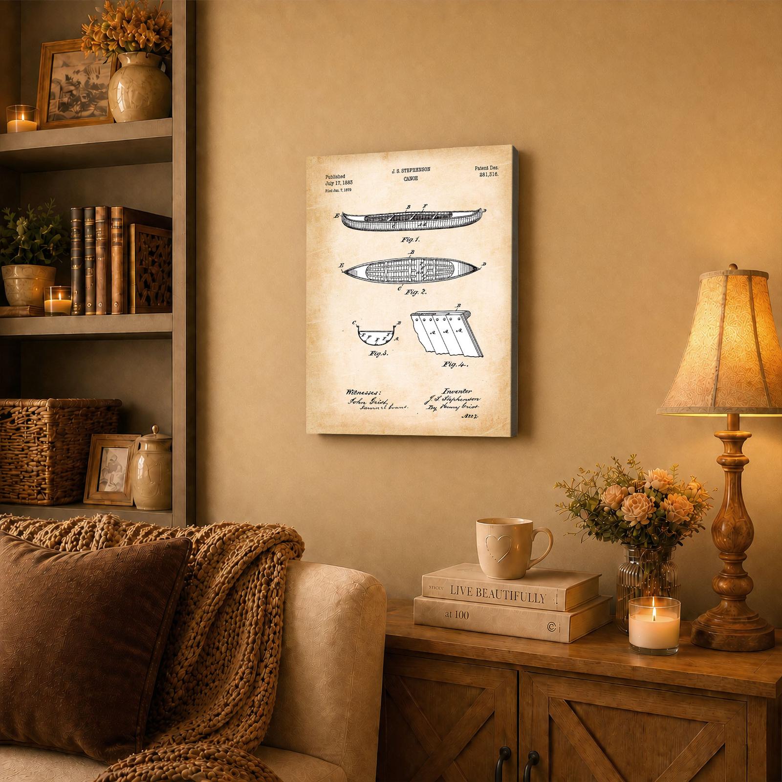 Canoe patent canvas wall art displayed in a cabin or lake house