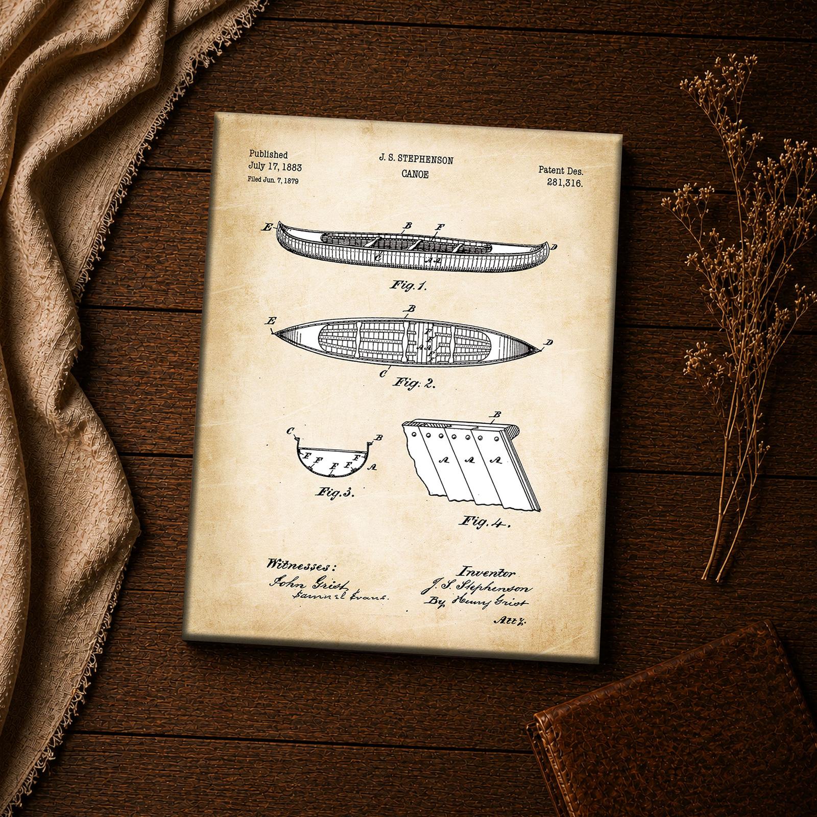 Canoe patent print - close-up of the 1883 strip-built hull drawing