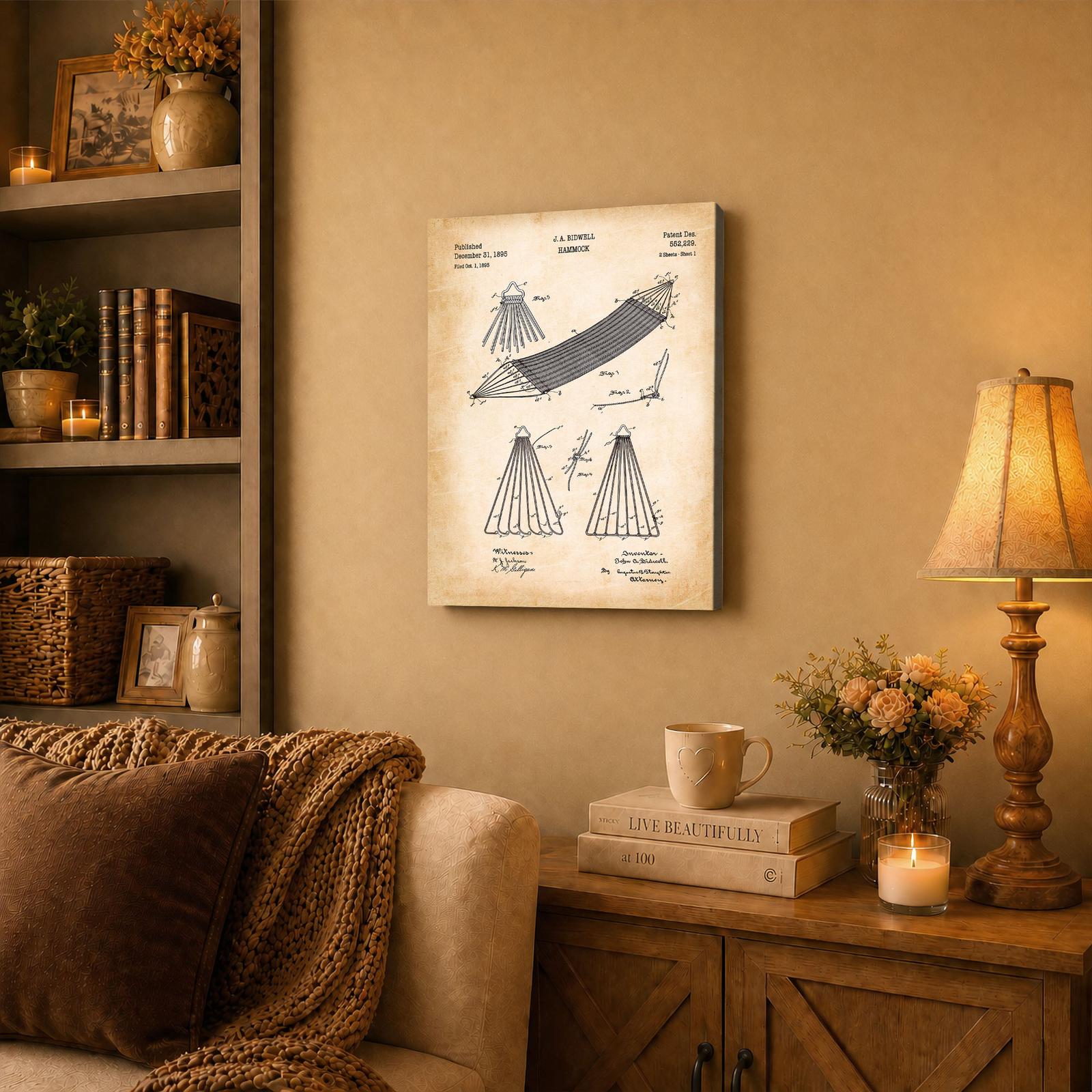 Hammock patent canvas wall art displayed in a porch or sunroom