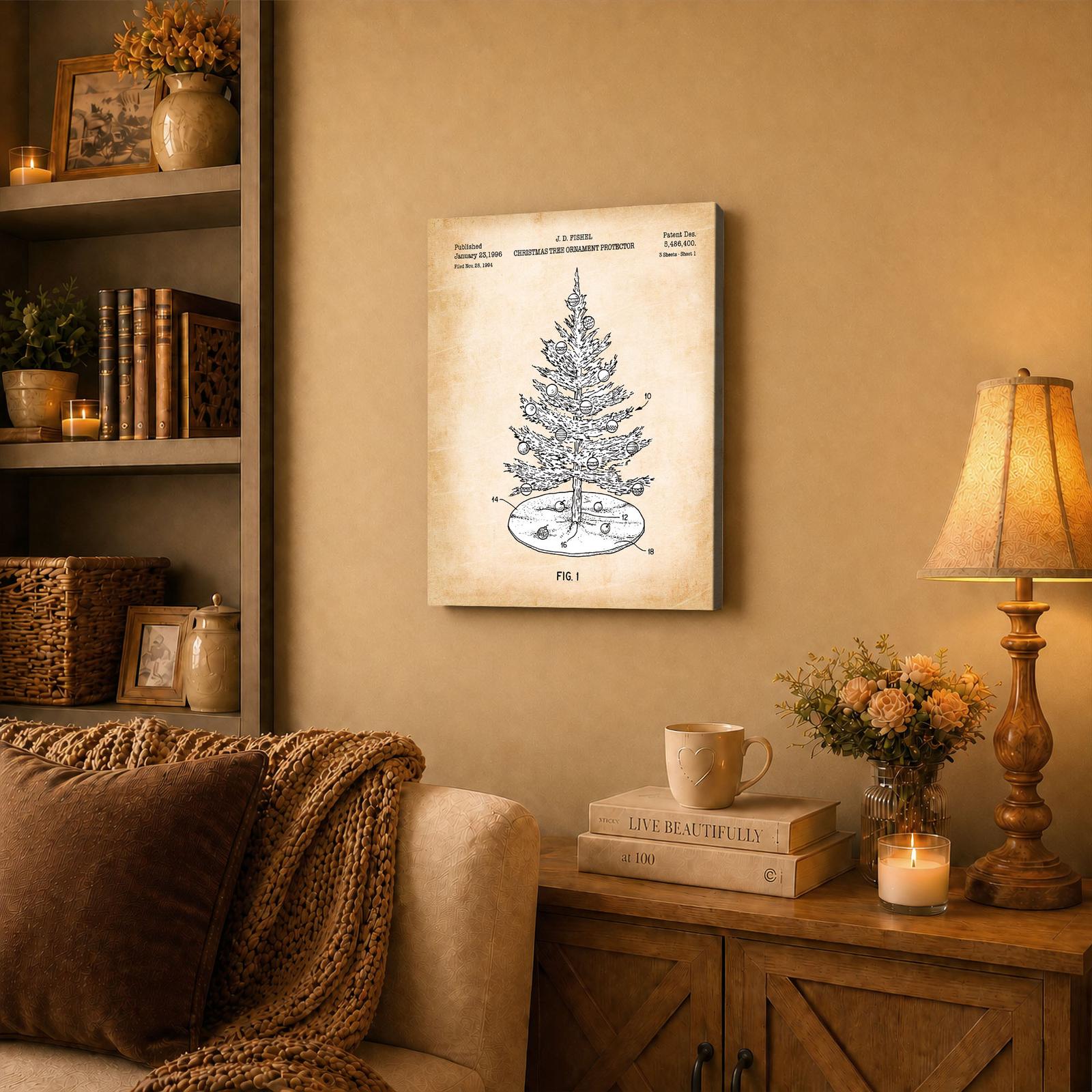 Christmas Tree patent canvas wall art displayed in a living room