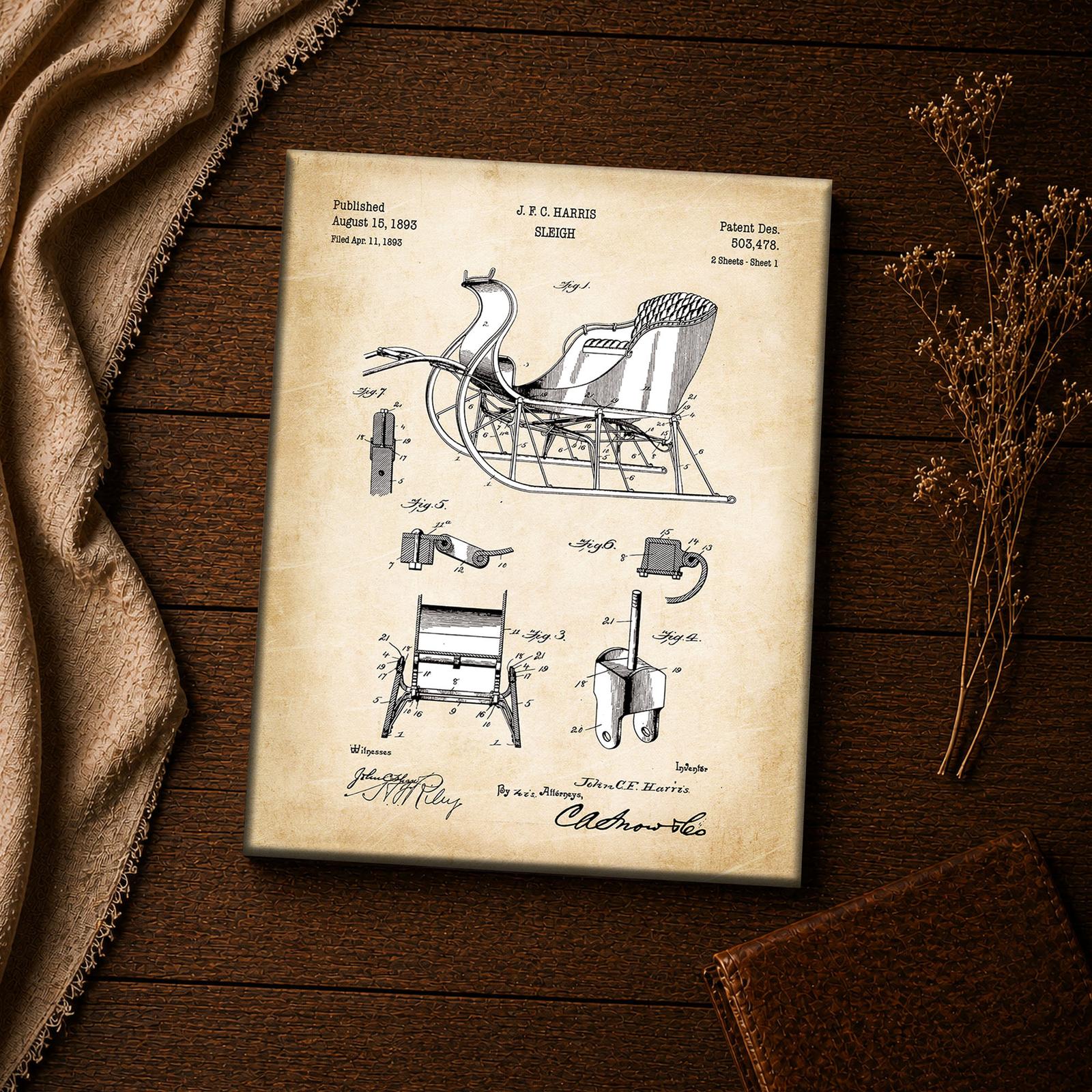 Sleigh patent print - close-up of the 1893 engineering drawing