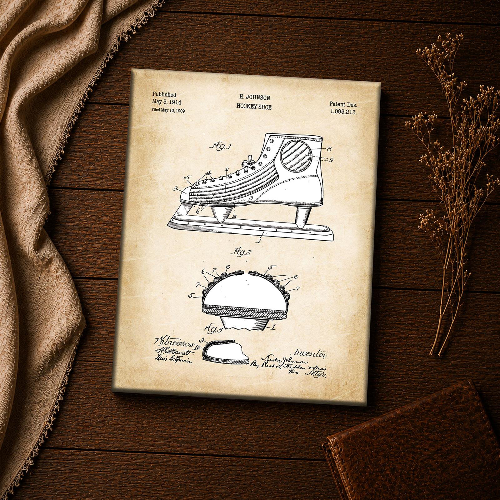 Hockey shoe patent drawing canvas print closeup, hockey wall art