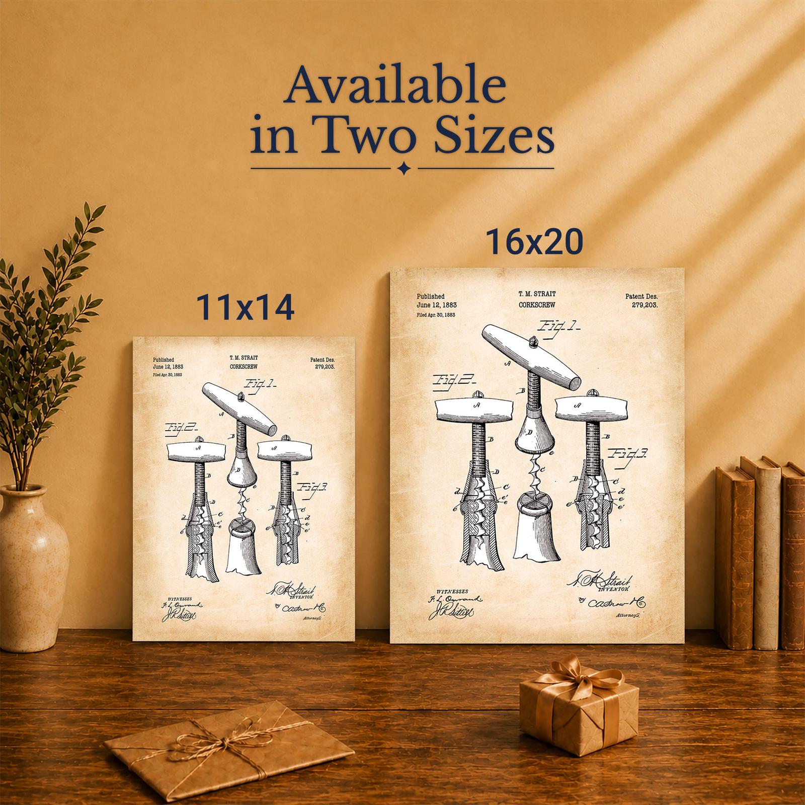 Corkscrew patent canvas print - Made in USA family-owned wine wall art