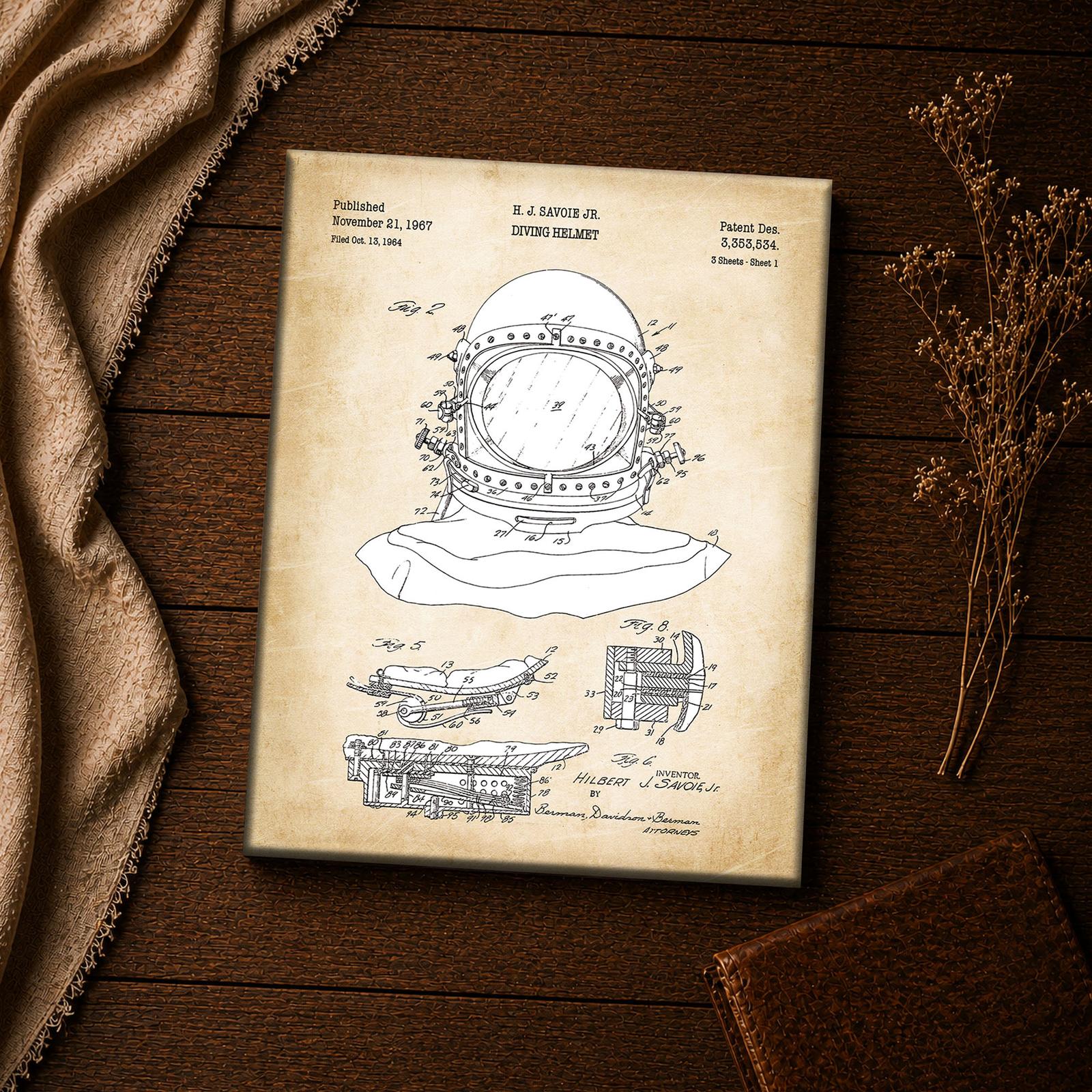 Diving helmet canvas print - close-up of the visor and hinge clamp linework