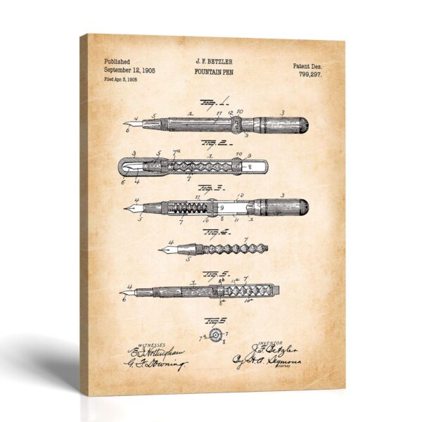Fountain pen patent canvas print - 1905 fountain pen patent drawing by Crossroads Home Decor