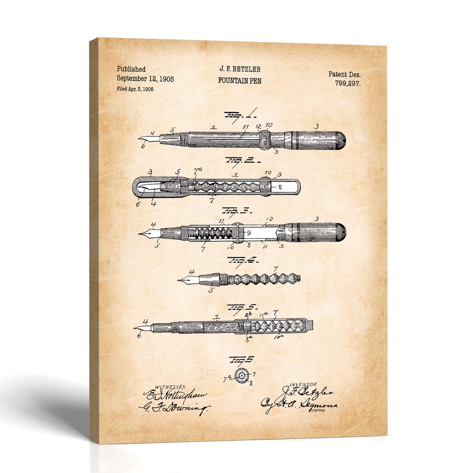 Fountain pen patent canvas print - 1905 fountain pen patent drawing by Crossroads Home Decor