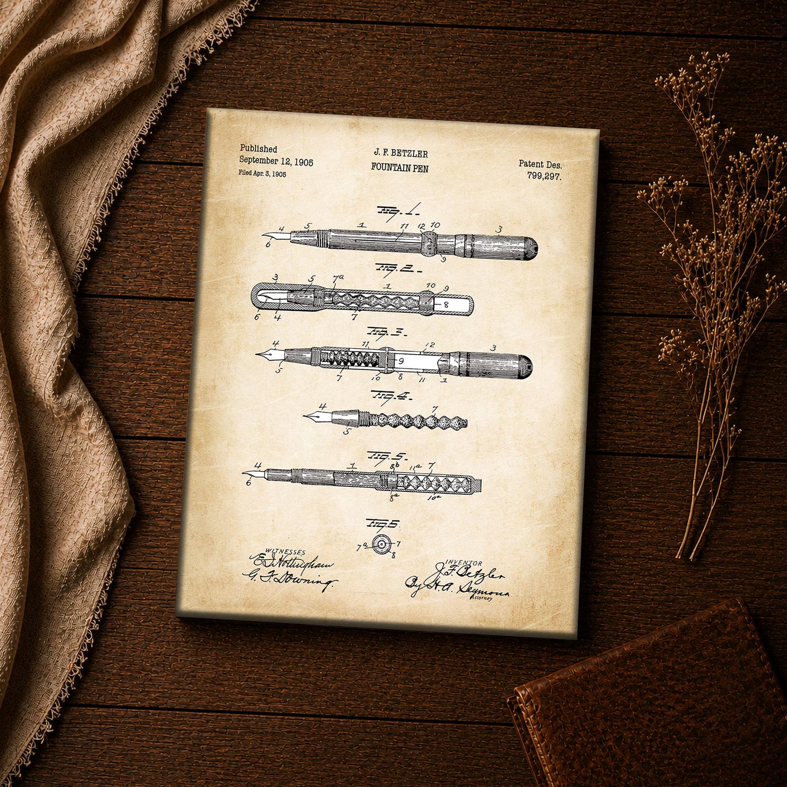 1905 fountain pen patent drawing close-up - reservoir mechanism detail